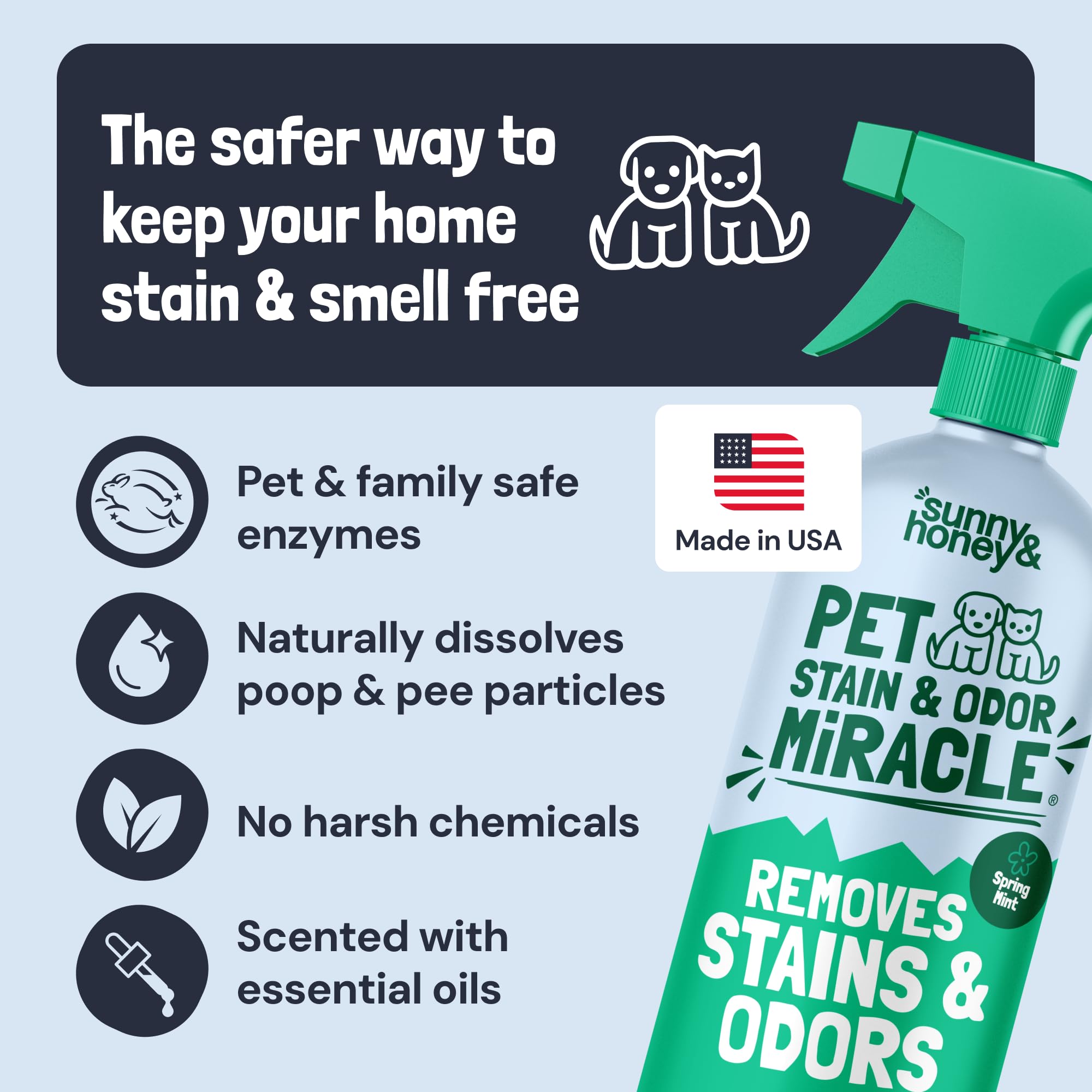Sunny and Honey no-rinse enzyme cleaner delivers fast results on fresh accidents.