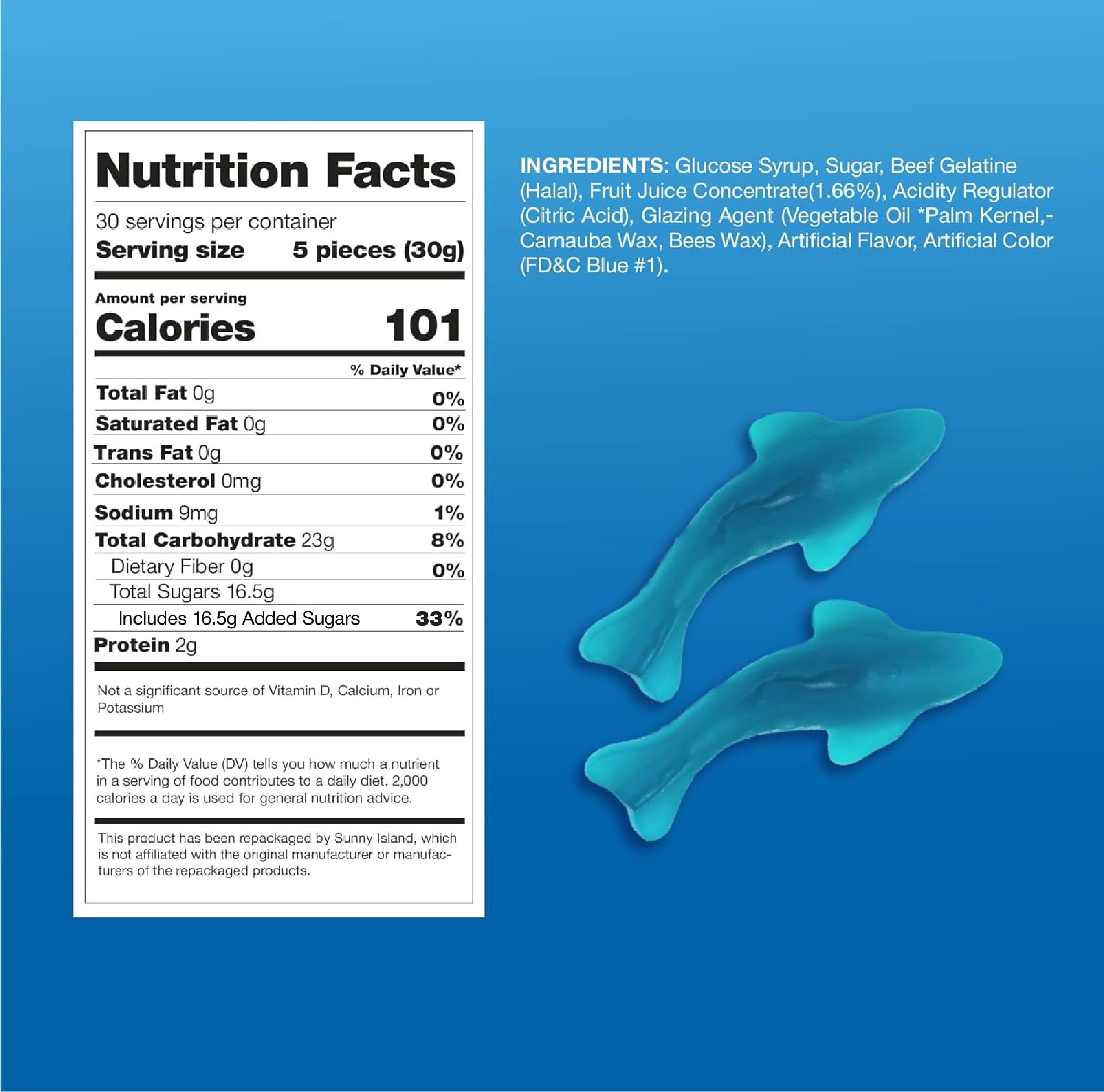 Sunny Island Blue Sharks candy closeup showing blue raspberry top and marshmallow bottom