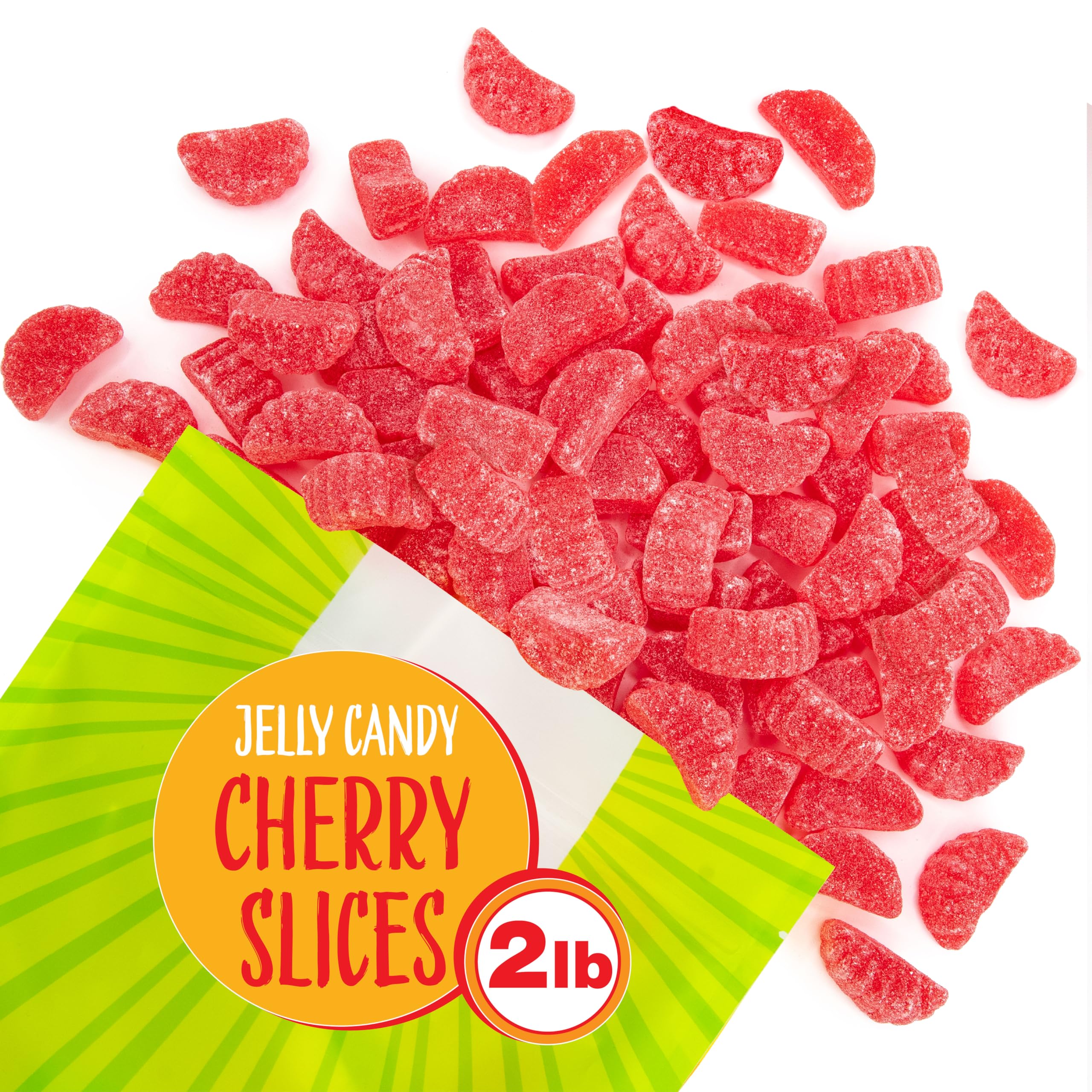 Sunny Island Cherry Slices Jelly Candy close-up reveals sugar-dusted, moist chew.