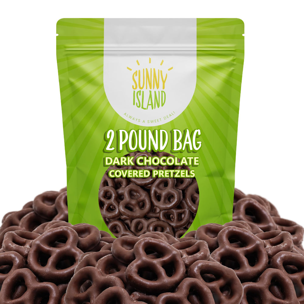 Sunny Island dark chocolate mini pretzels bulk bag; crisp pretzels coated in rich chocolate, great for sharing.