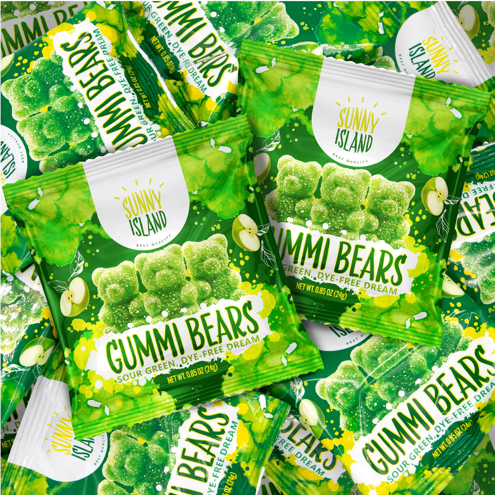 Sunny Island Green Apple Gummi Bears 12-pack display for sharing at events