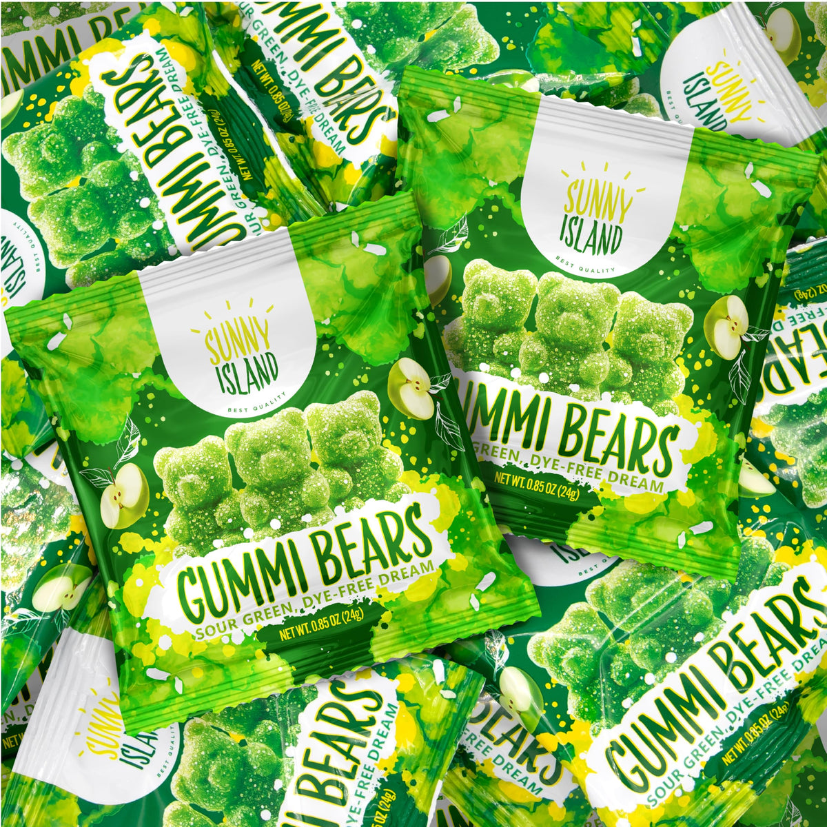 Sunny Island Green Apple Gummi Bears 12-pack display for sharing at events