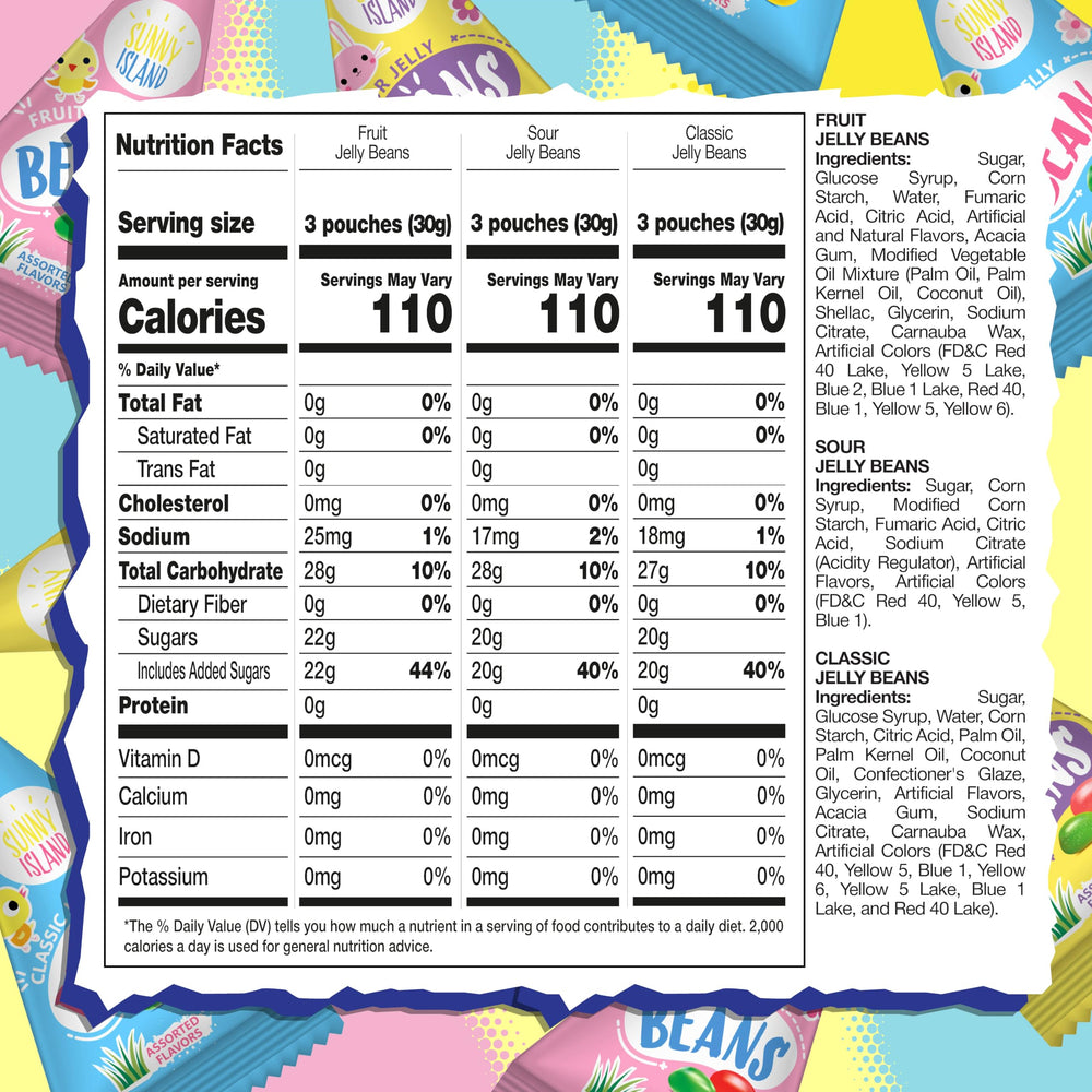 Sunny Island Jelly Beans packaging closeup shows individually wrapped freshness for office treats.
