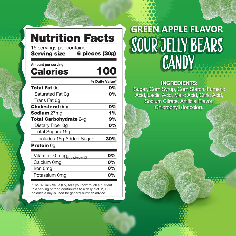 Sunny Island Sour Bears Green Apple close-up highlighting tangy chew for desserts