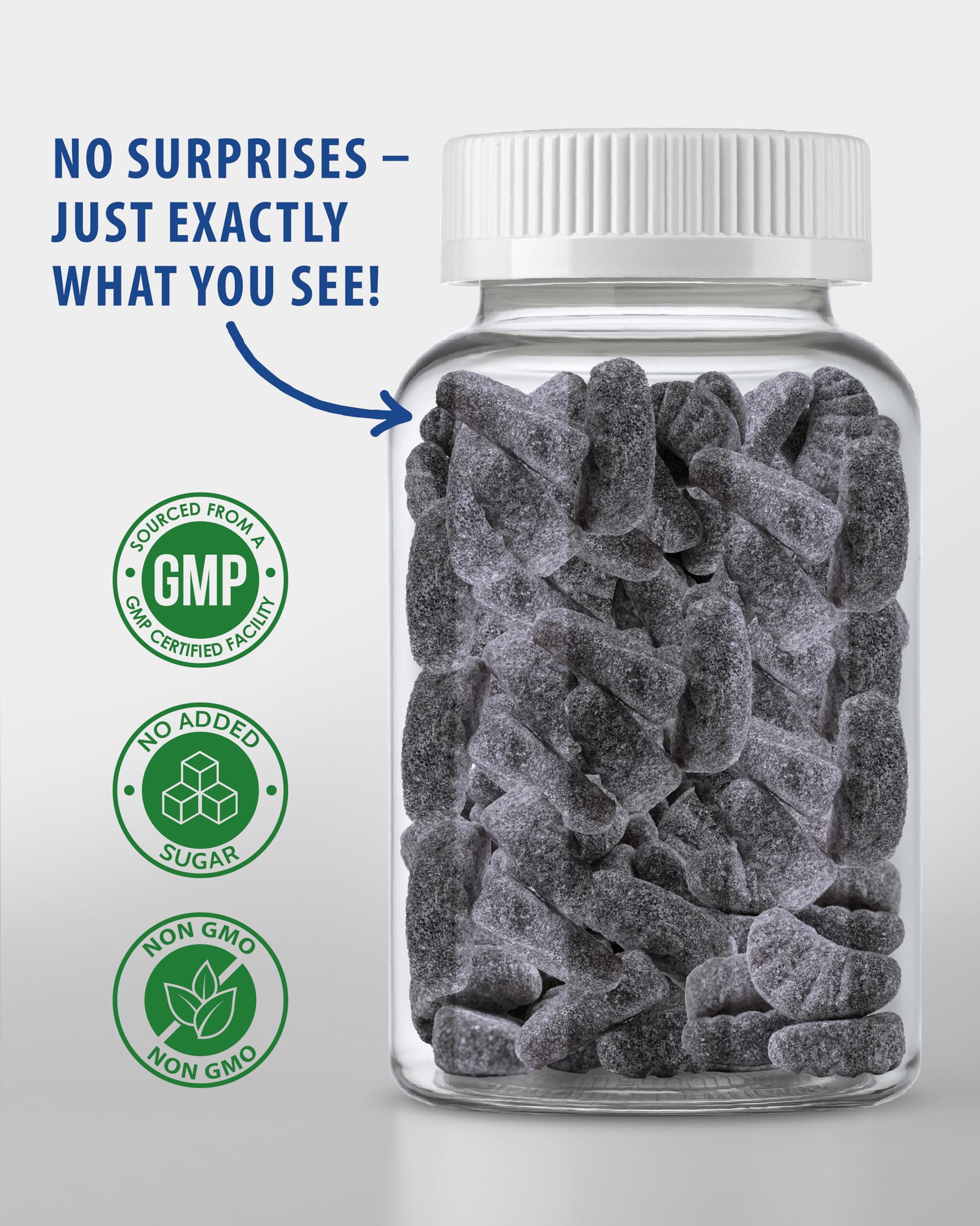 Sunny Sam iron gummies bottle pour indicating easy two-chews daily.