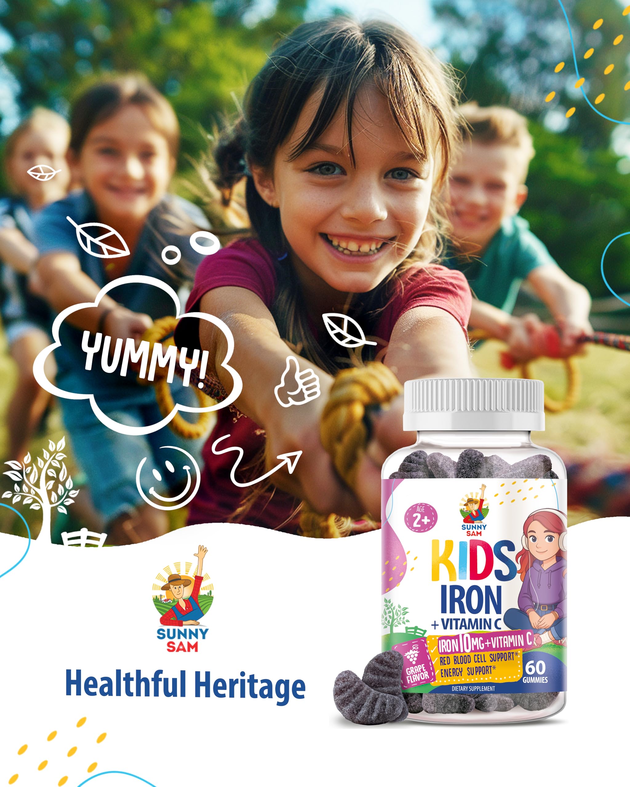 Sunny Sam iron gummies gluten-free dairy-free certification badge.