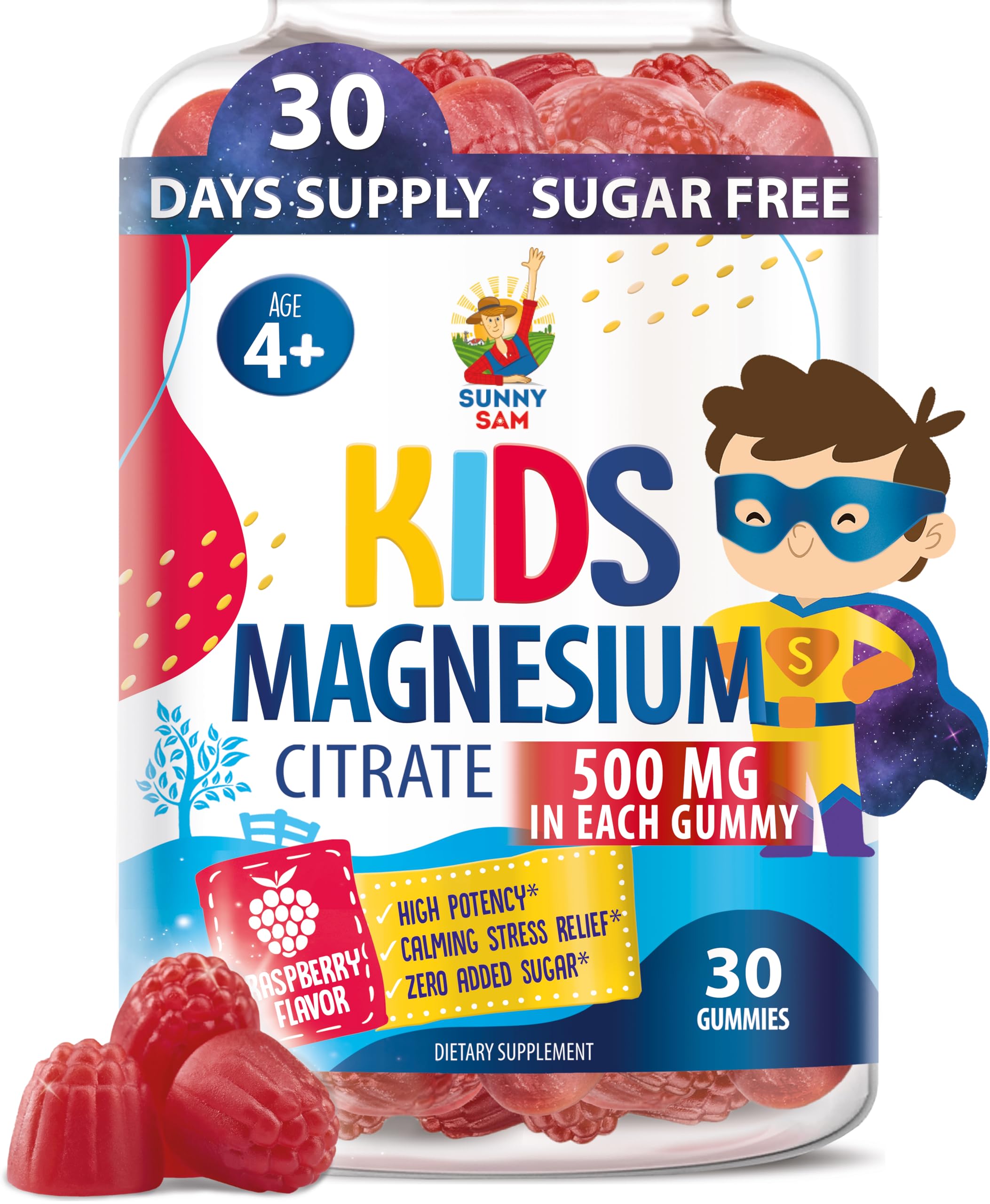 Sunny Sam Sugar-Free Magnesium Gummies bottle for kids promotes calm daytime behavior.