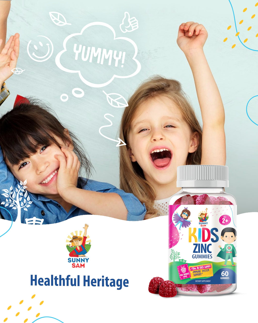 Sunny Sam zinc gummies berry flavor appealing to toddlers and teens.