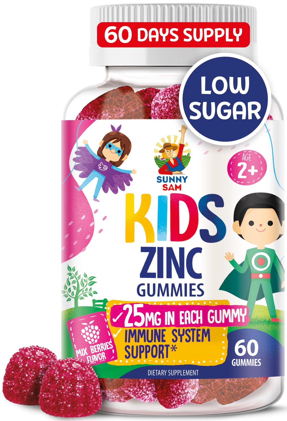 Sunny Sam Zinc Gummies for Kids bottle with berry flavor and kid-friendly packaging.