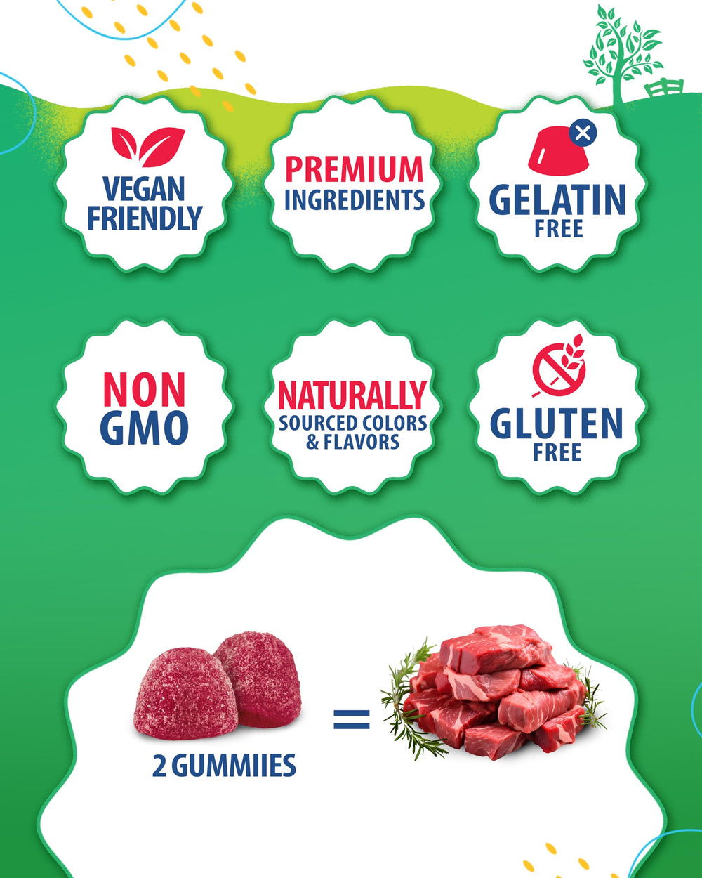 Sunny Sam non-GMO and gluten-free gummy ingredients for kids.
