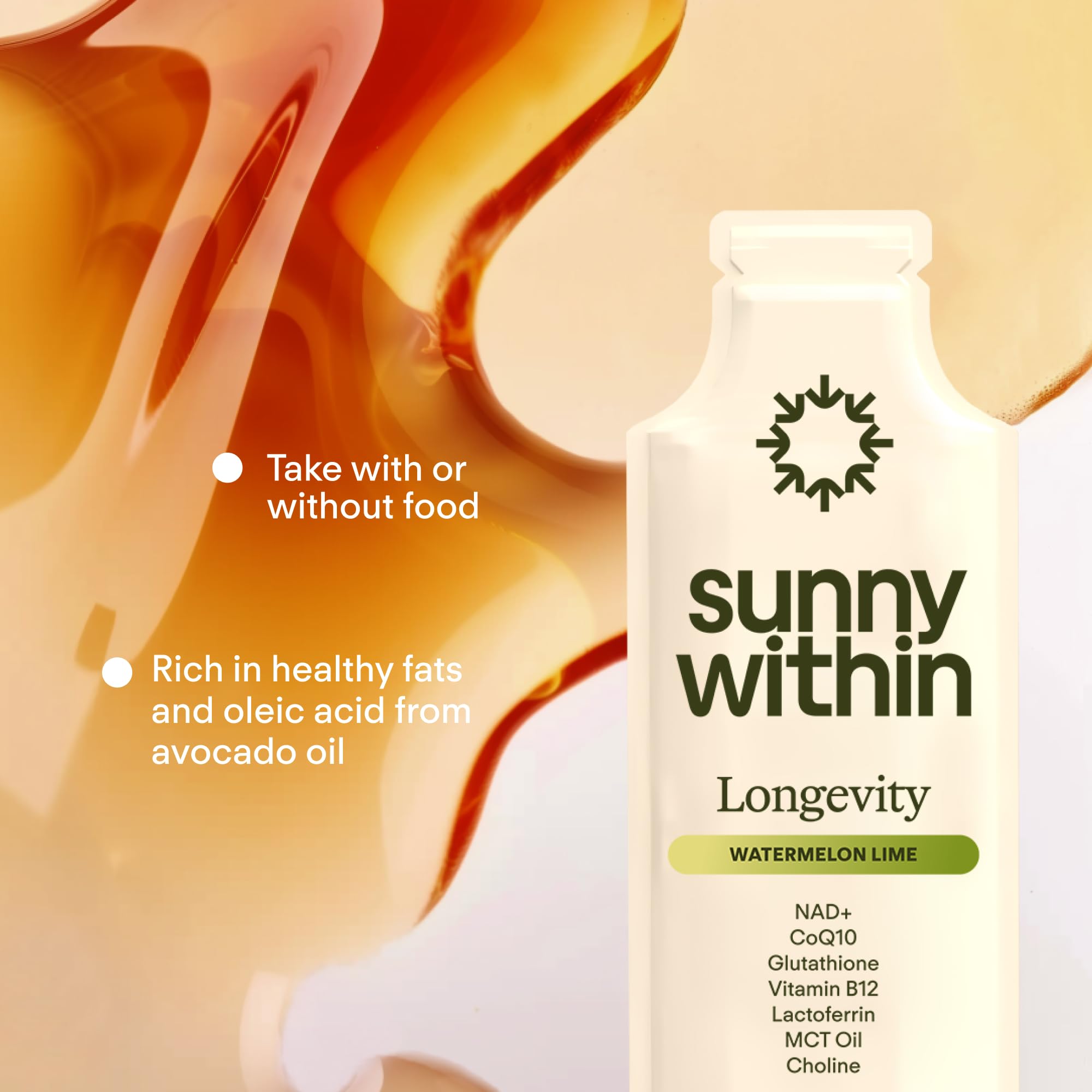 Sunny Within avocado oil lipids improve absorption in a close-up of the pour