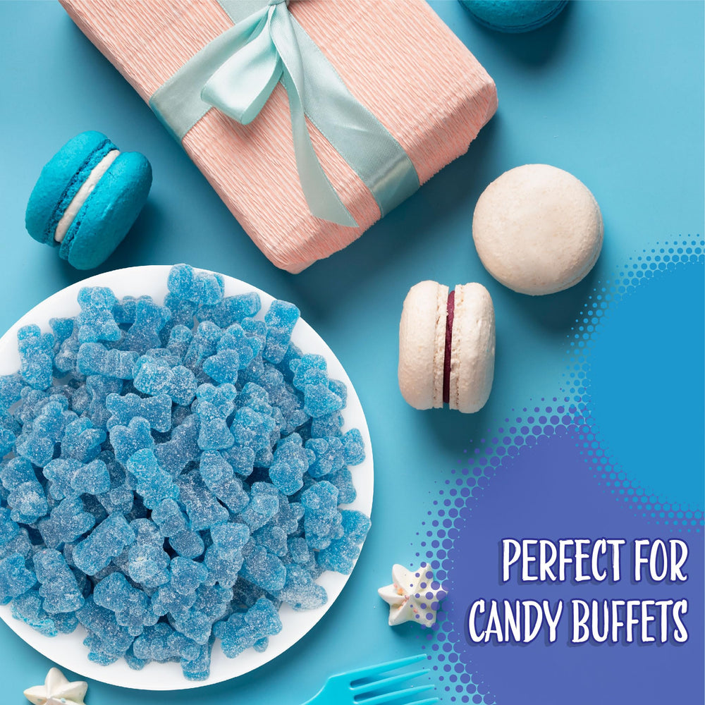 Versatile blue gummies for decorating cakes, cupcakes, or ice cream bowls.