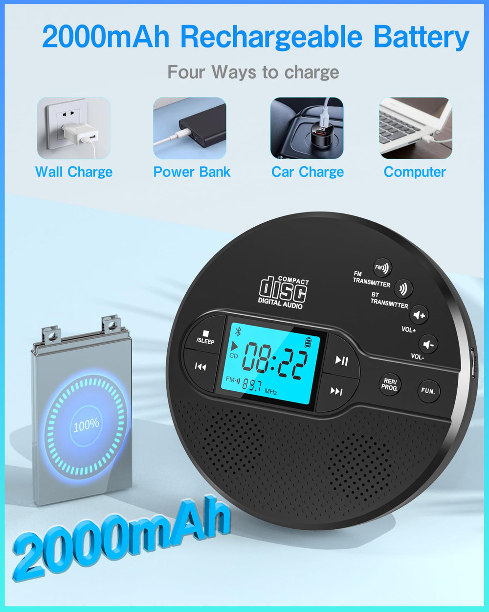 Sunoony supports CD, MP3, CD-R, CD-RW with USB and AUX inputs