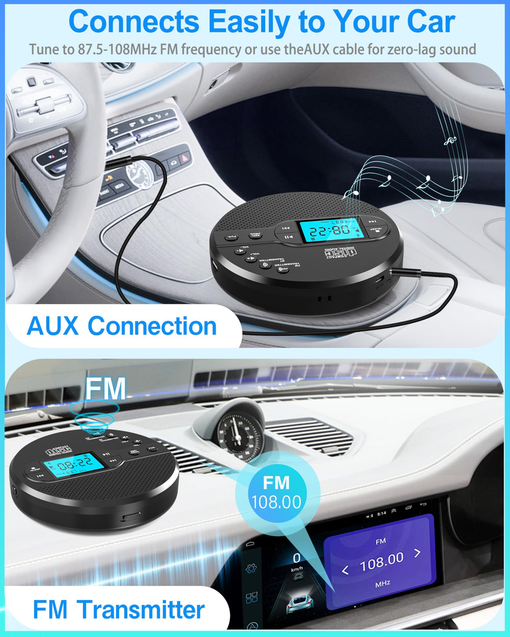 Sunoony discman with FM transmitter for in-car music via radio