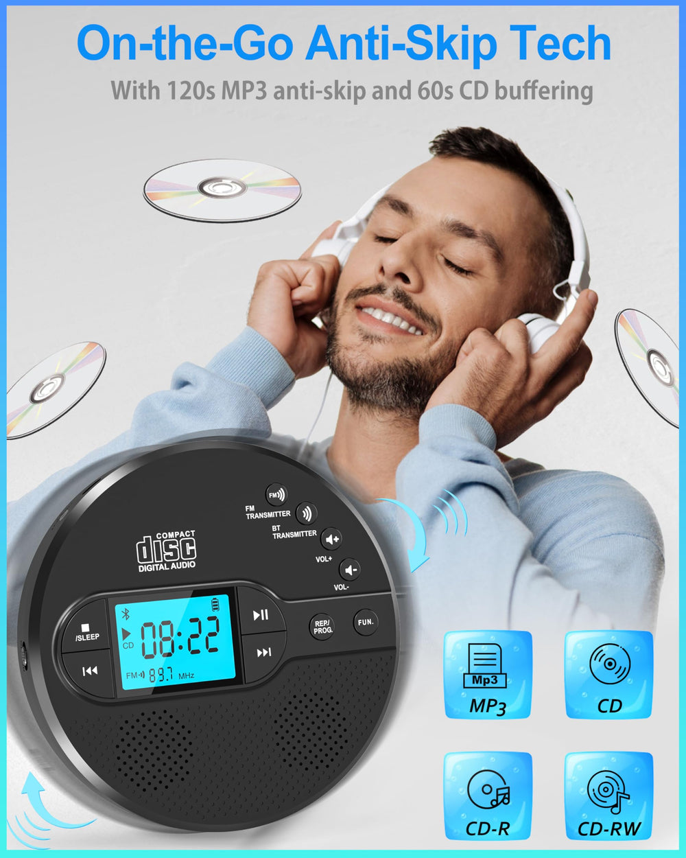 Sunoony rechargeable 2000mAh battery powering hours of playback on the go
