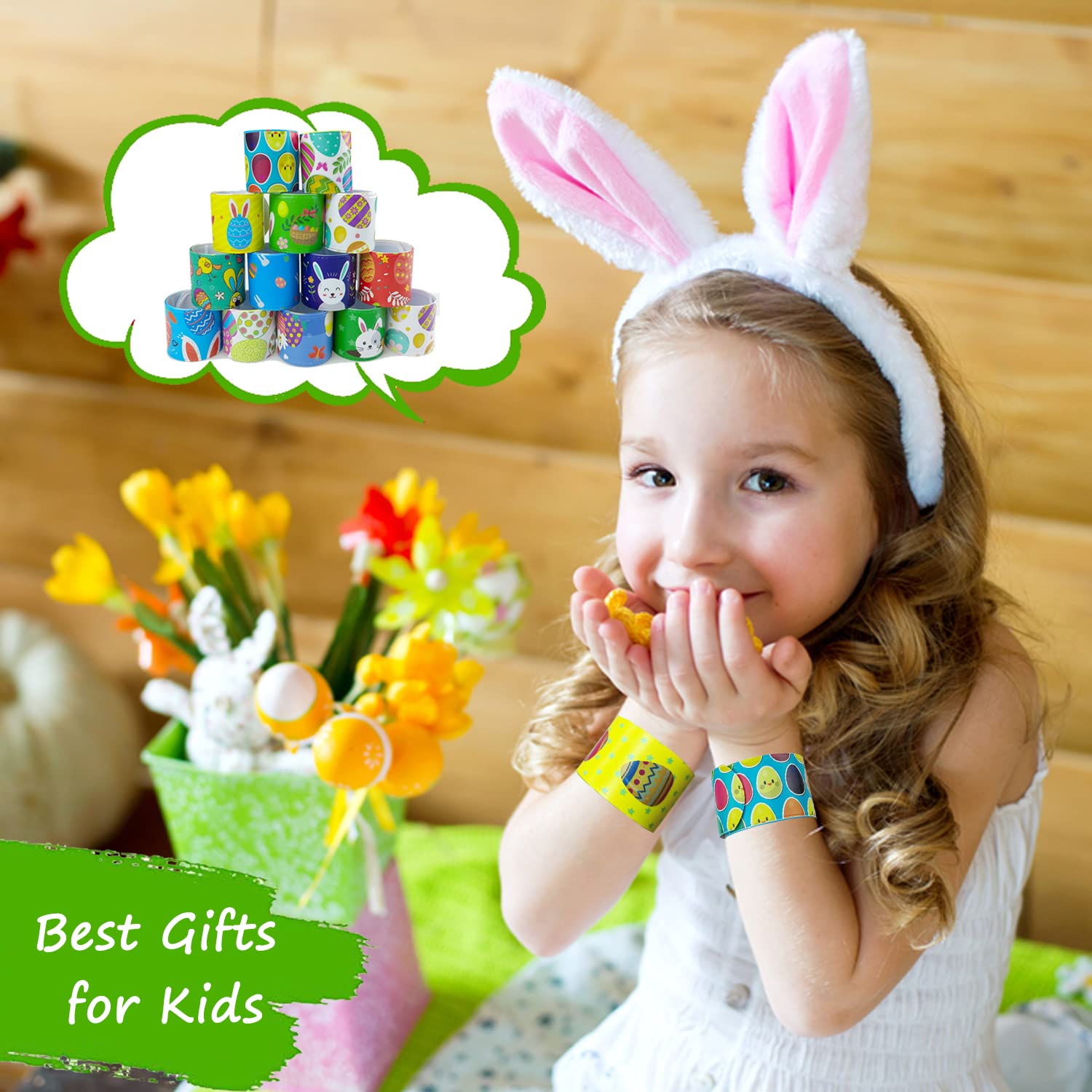 Kids wearing SUNPROUND Easter Slap Bracelets for quick, comfortable wear