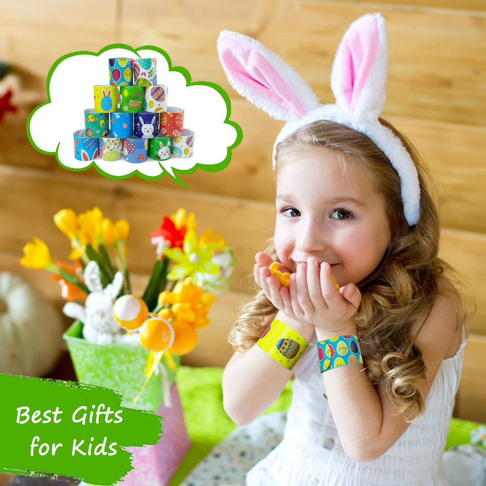 Kids wearing SUNPROUND Easter Slap Bracelets for quick, comfortable wear