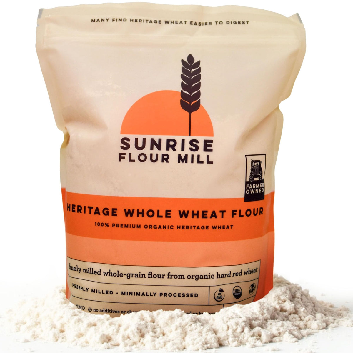 Sunrise Flour Mill heritage flour bag showing heritage wheat for easier digestion
