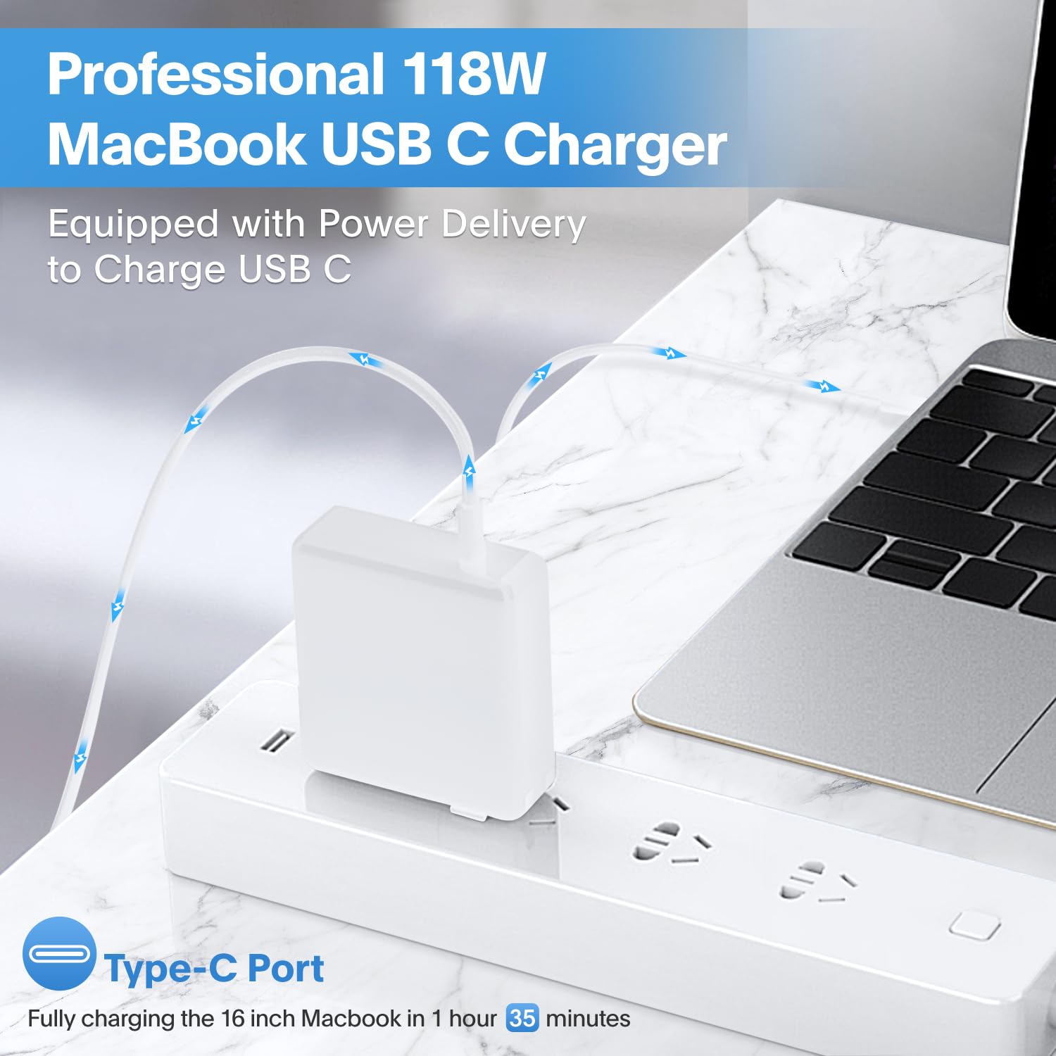 Sunveza 118W USB-C charger connected to MacBook for fast PD charging