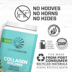 Sunwarrior Collagen Building Powder label highlights hyaluronic acid and biotin.