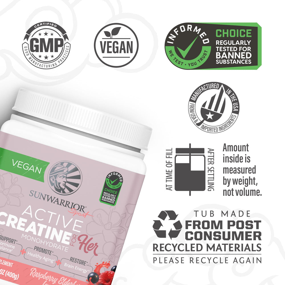 Sunwarrior Creatine for Women powder dissolves clear in a glass for refreshment.
