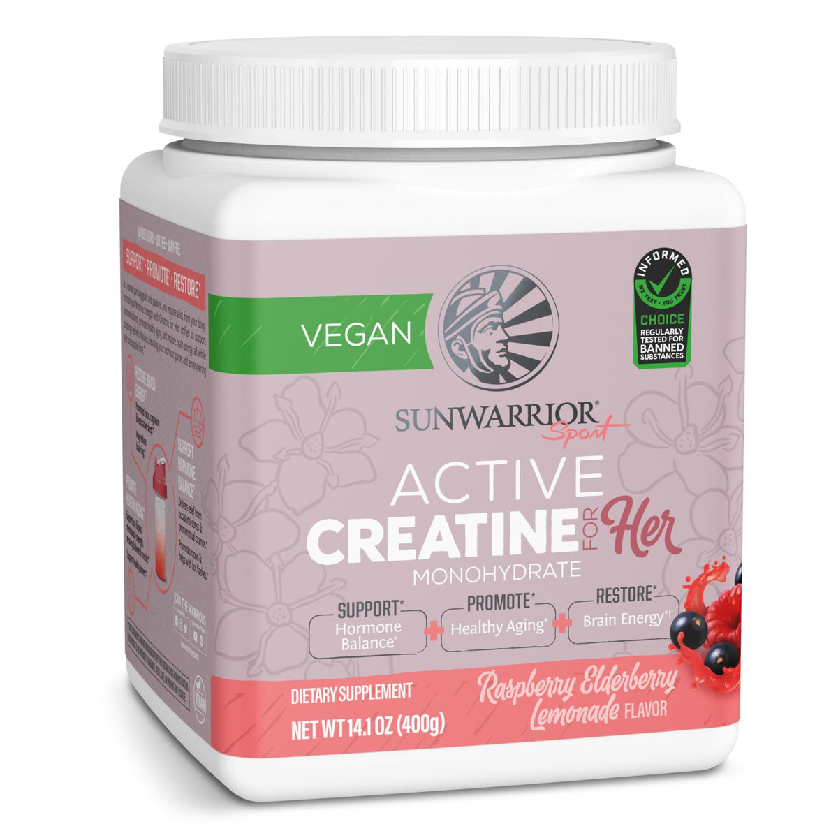 Sunwarrior Creatine for Women Raspberry Lemonade tub promotes muscle performance during workouts.