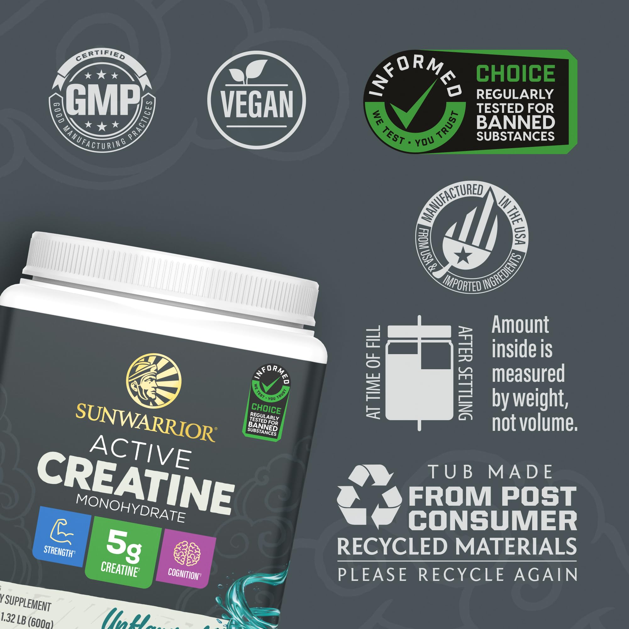 Sunwarrior Creatine Monohydrate powder label highlights vegan ingredients and purity.