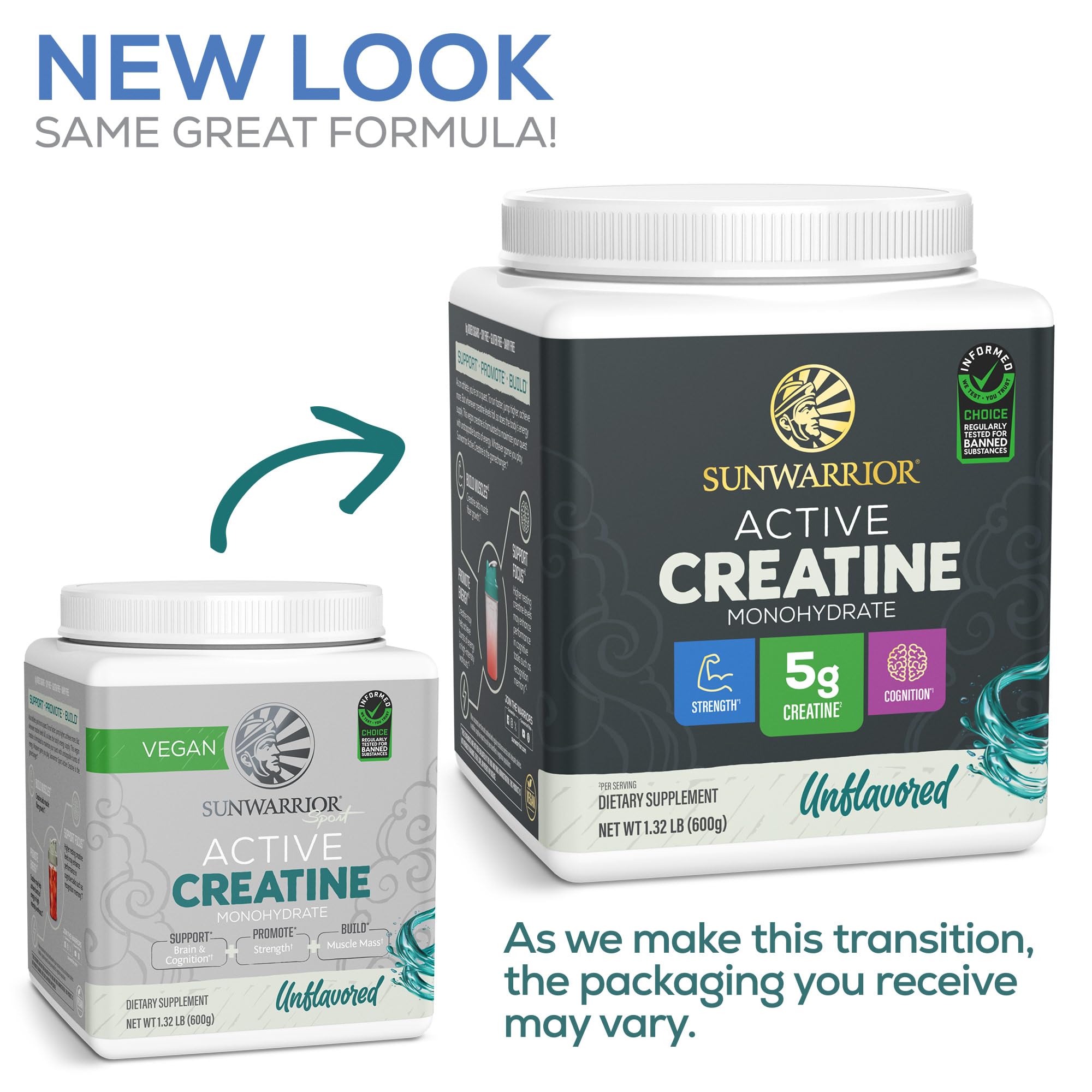 Sunwarrior Creatine Monohydrate powder packaging shot highlights vegan, clean ingredients.
