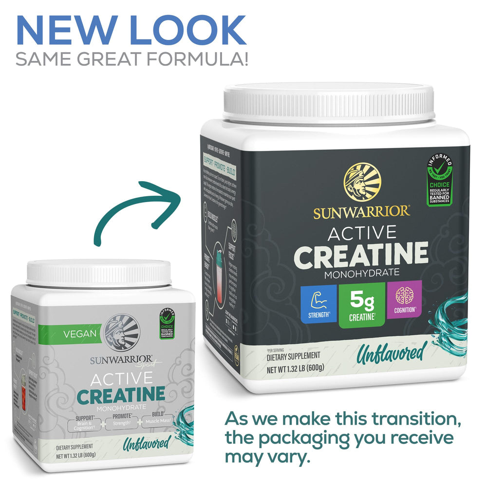 Sunwarrior Creatine Monohydrate powder packaging shot highlights vegan, clean ingredients.