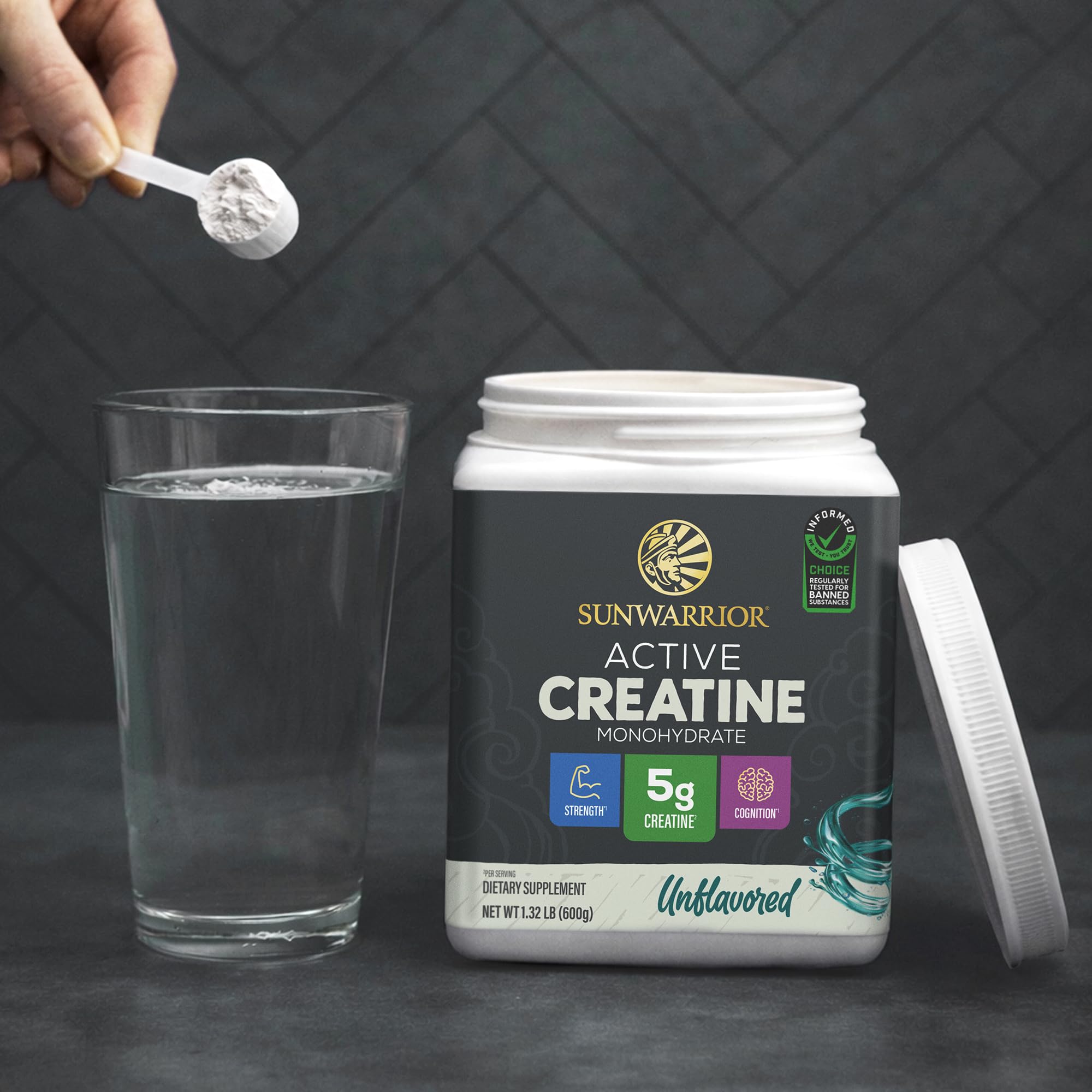Sunwarrior Creatine Monohydrate powder serving scoop demonstrates accurate dosing.