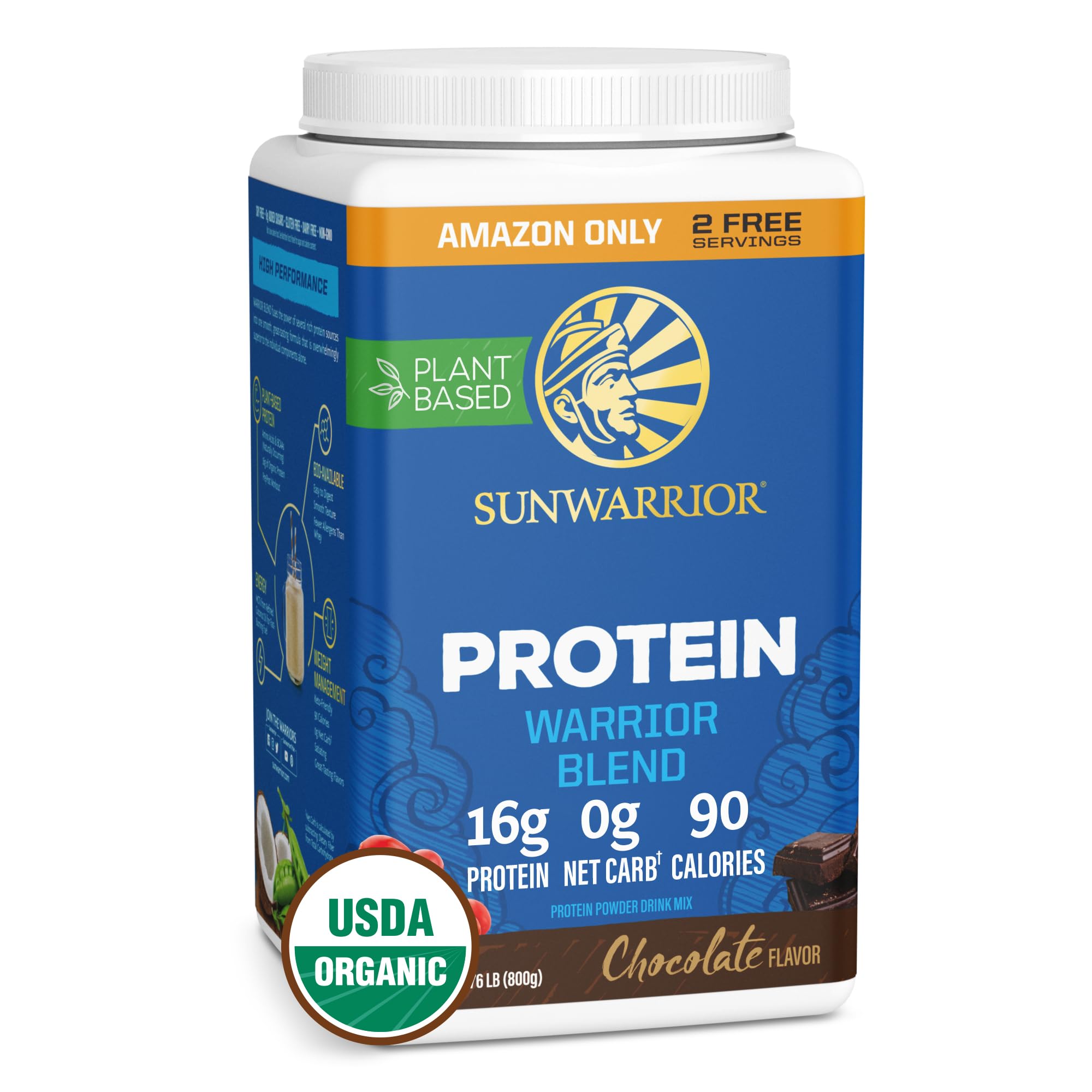 Sunwarrior Organic Plant Based Protein Chocolate packaging on a clean surface for vegan nutrition