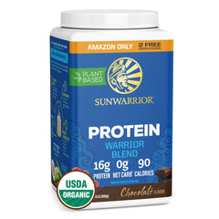 Sunwarrior Organic Plant Based Protein Chocolate packaging on a clean surface for vegan nutrition