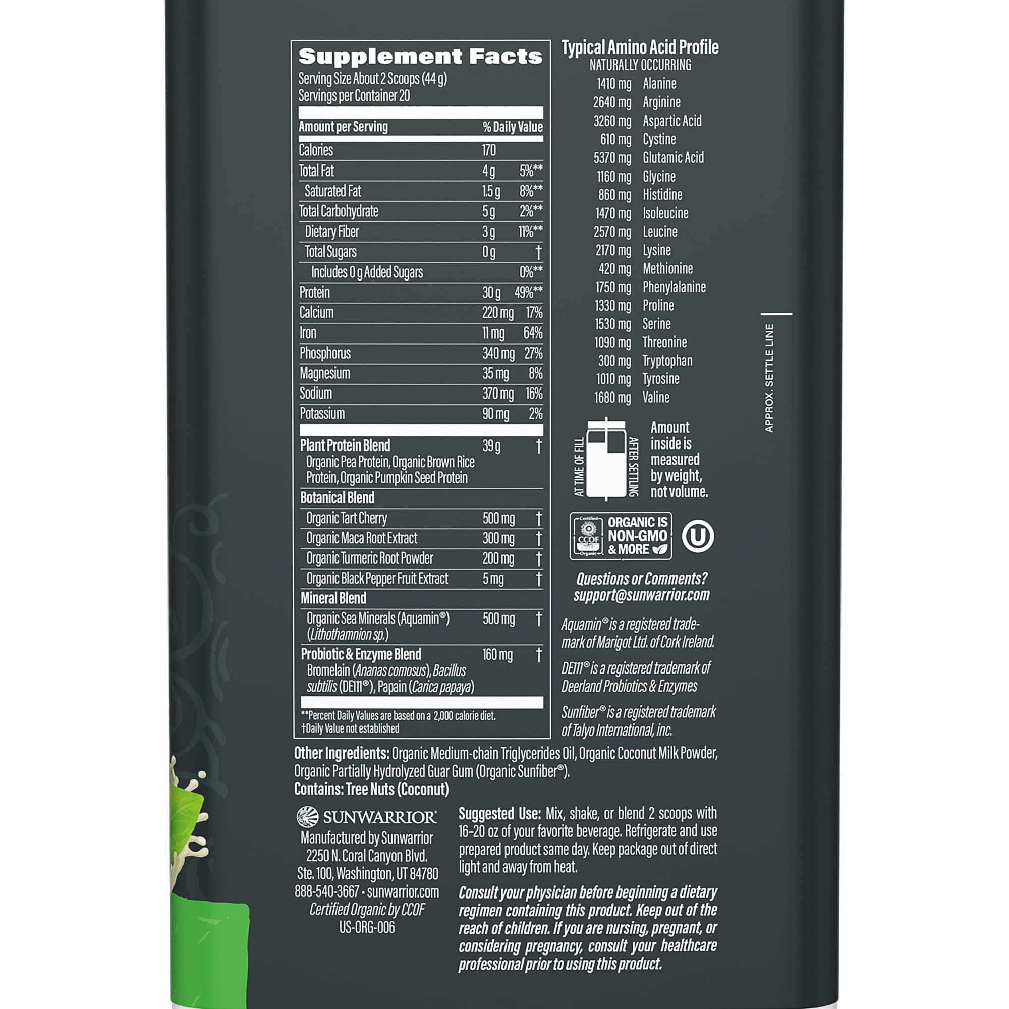 Sunwarrior protein ingredients panel highlights rice pumpkin and pea protein