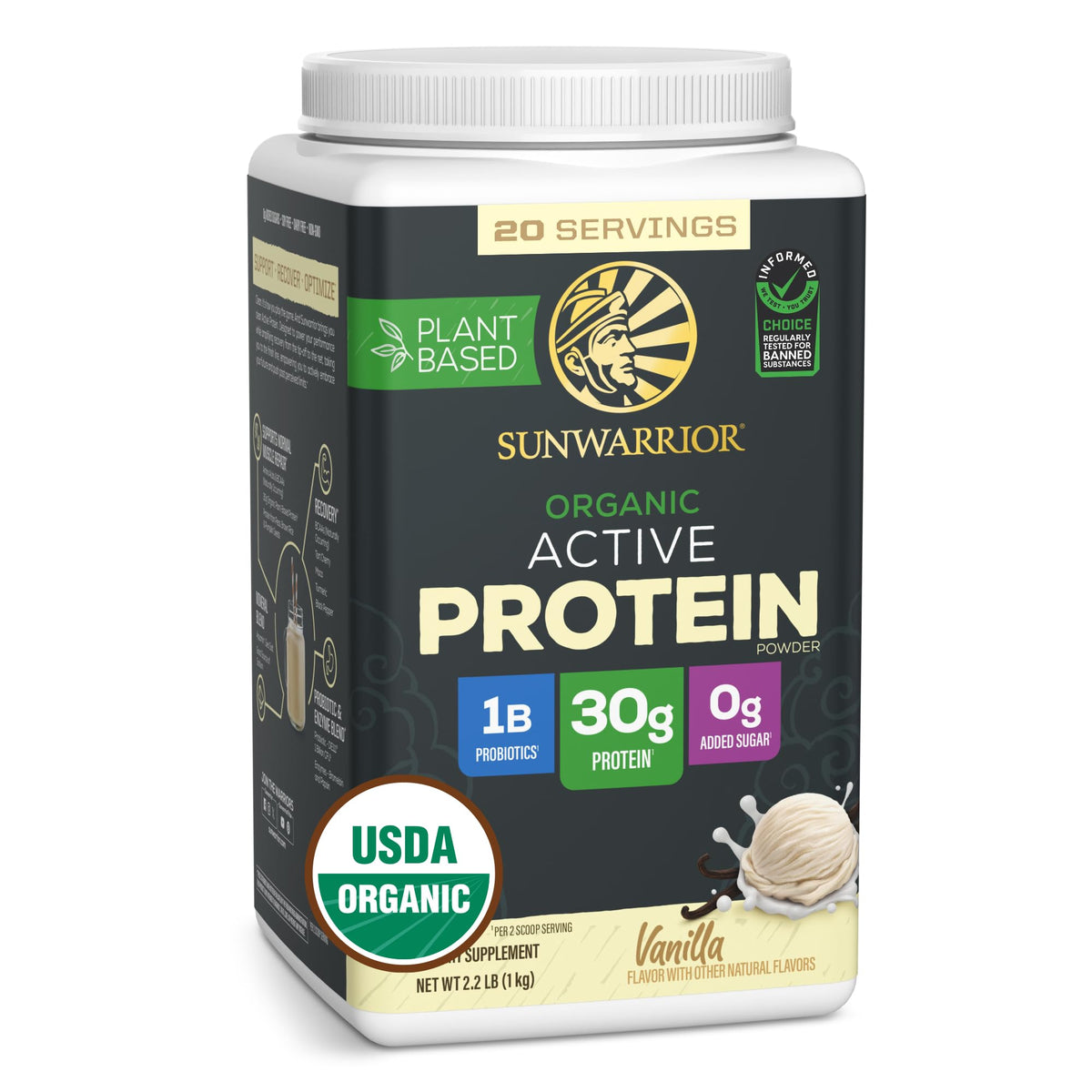 Sunwarrior Organic Plant Based Protein Powder vanilla tub on counter, supports balanced nutrition for active days.