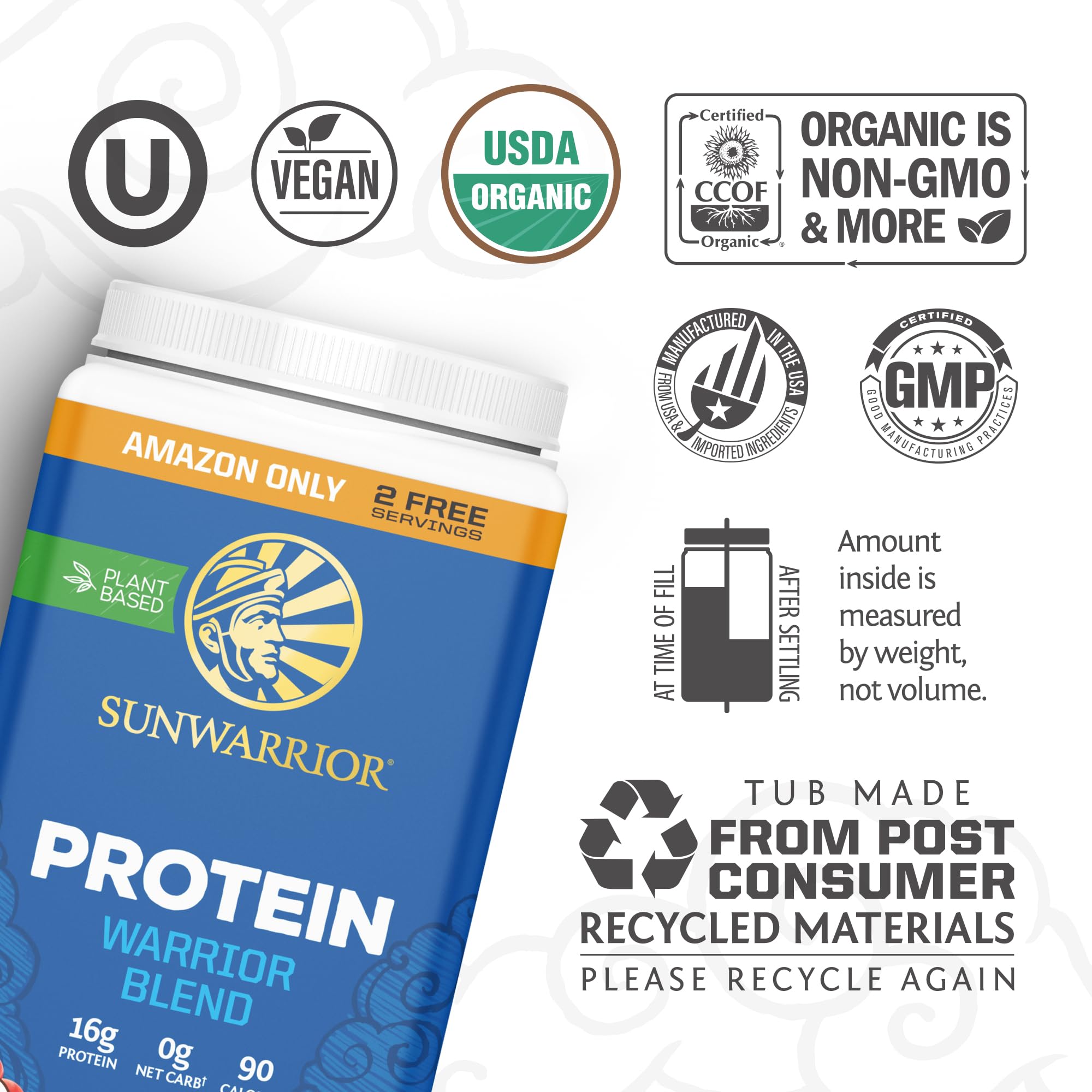 Scoop of Sunwarrior chocolate protein powder being added to a blender bottle