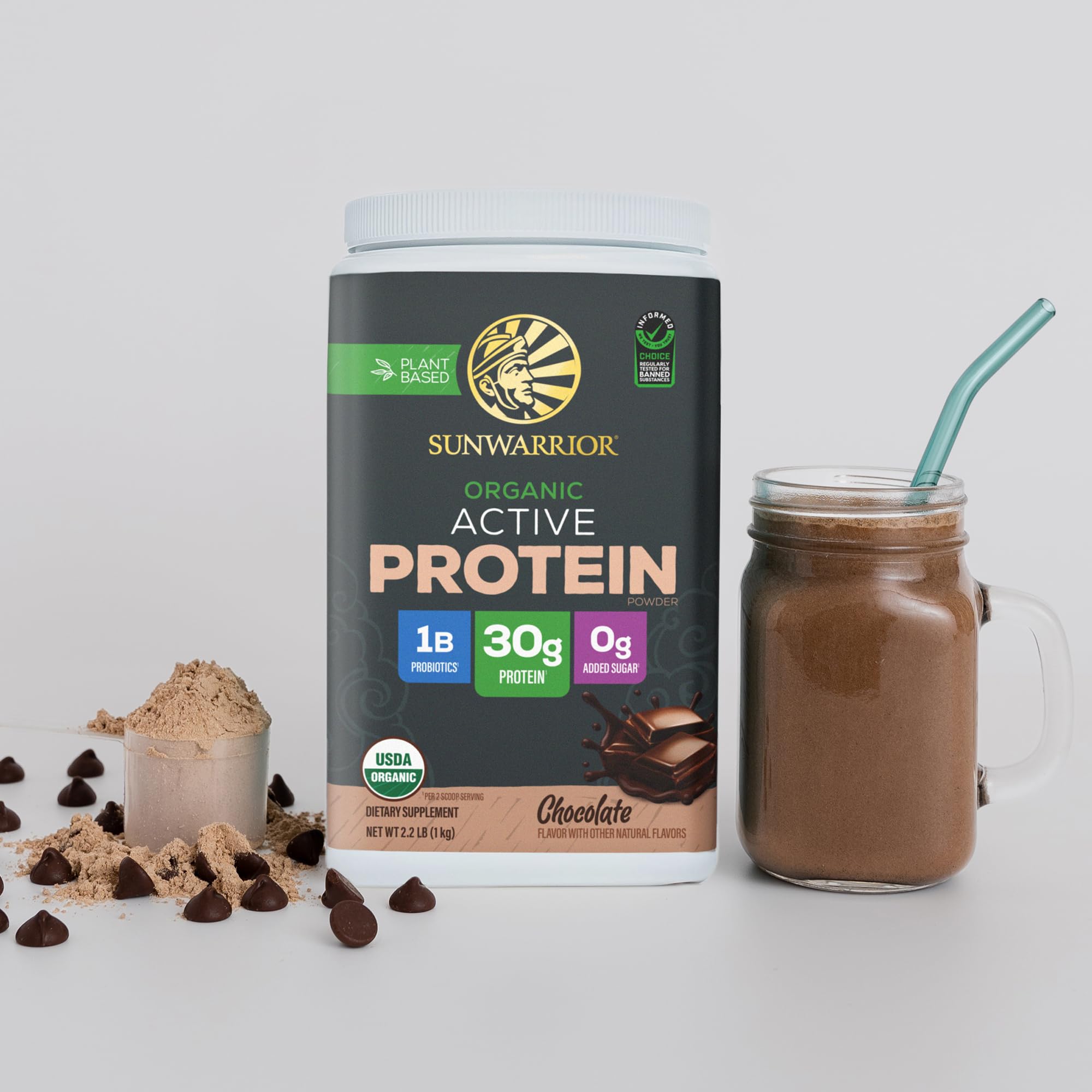 Sunwarrior Shake-ready mixer showing smooth chocolate drink concept