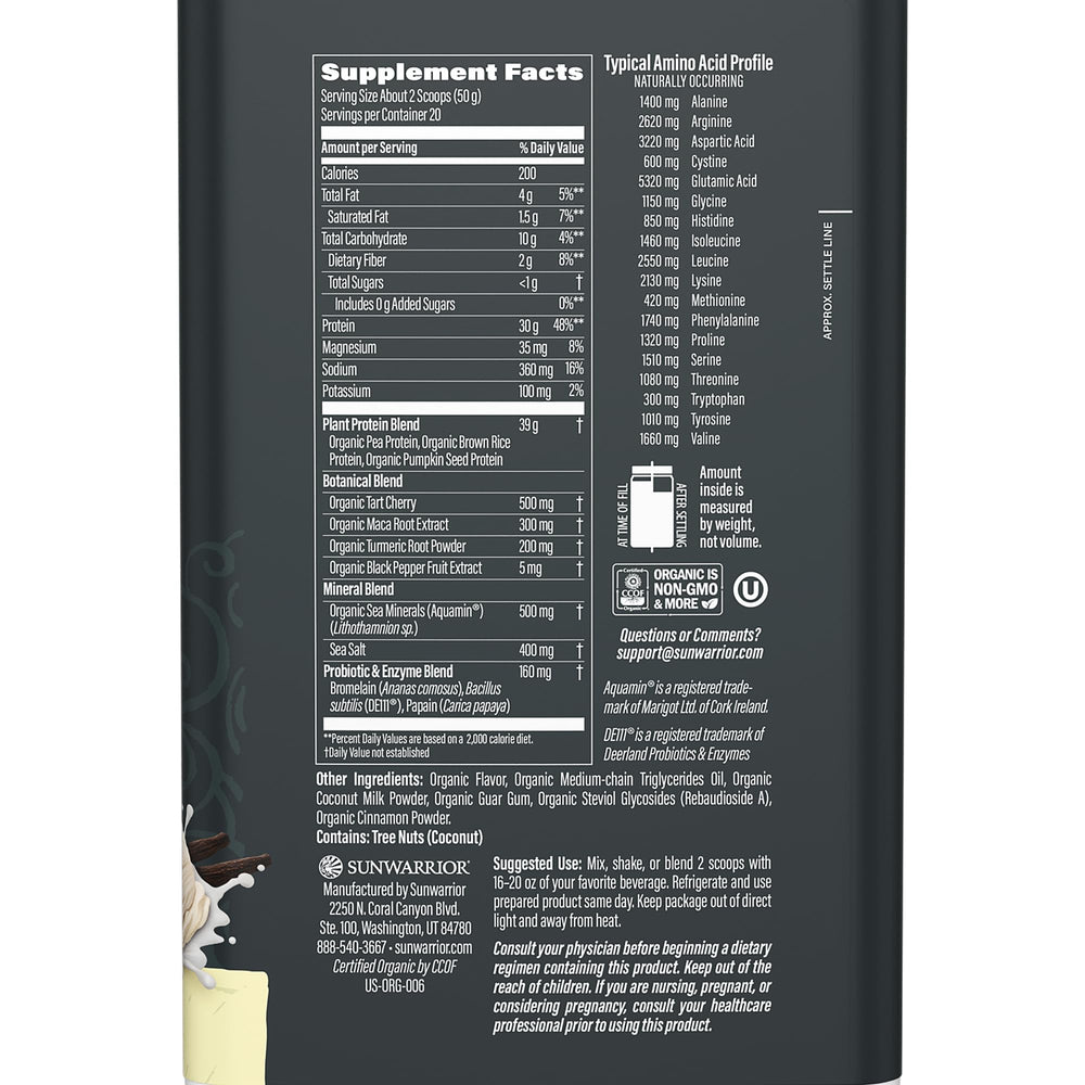 Sunwarrior Vanilla Protein Powder scoop, convenient measure for shakes and quick post-workout nutrition.