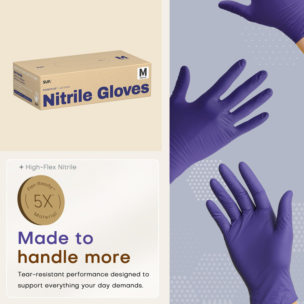 SUP ambidextrous 100-count nitrile gloves support versatile workflows.