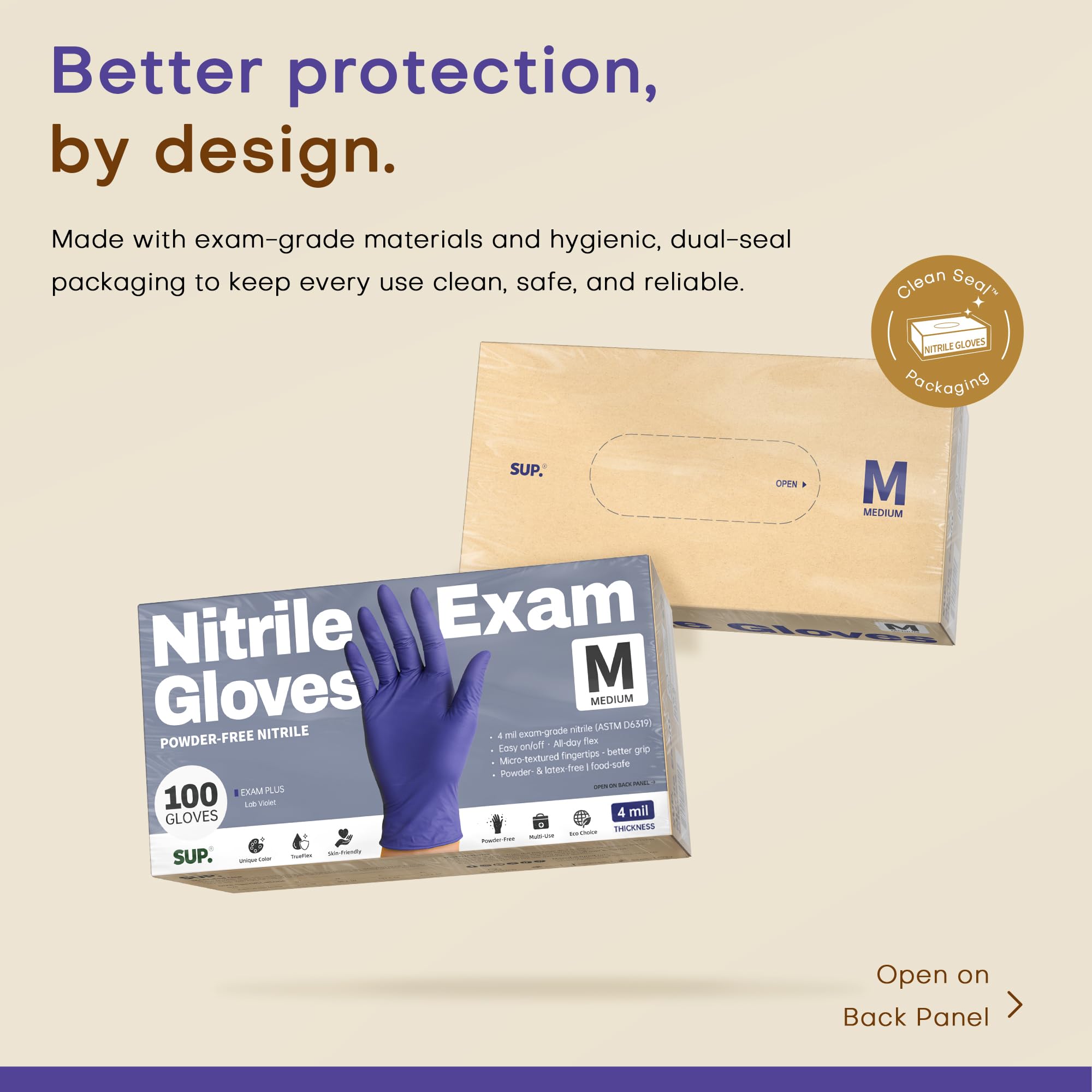 SUP blue-violet exam-grade nitrile gloves ideal for medical and culinary tasks.