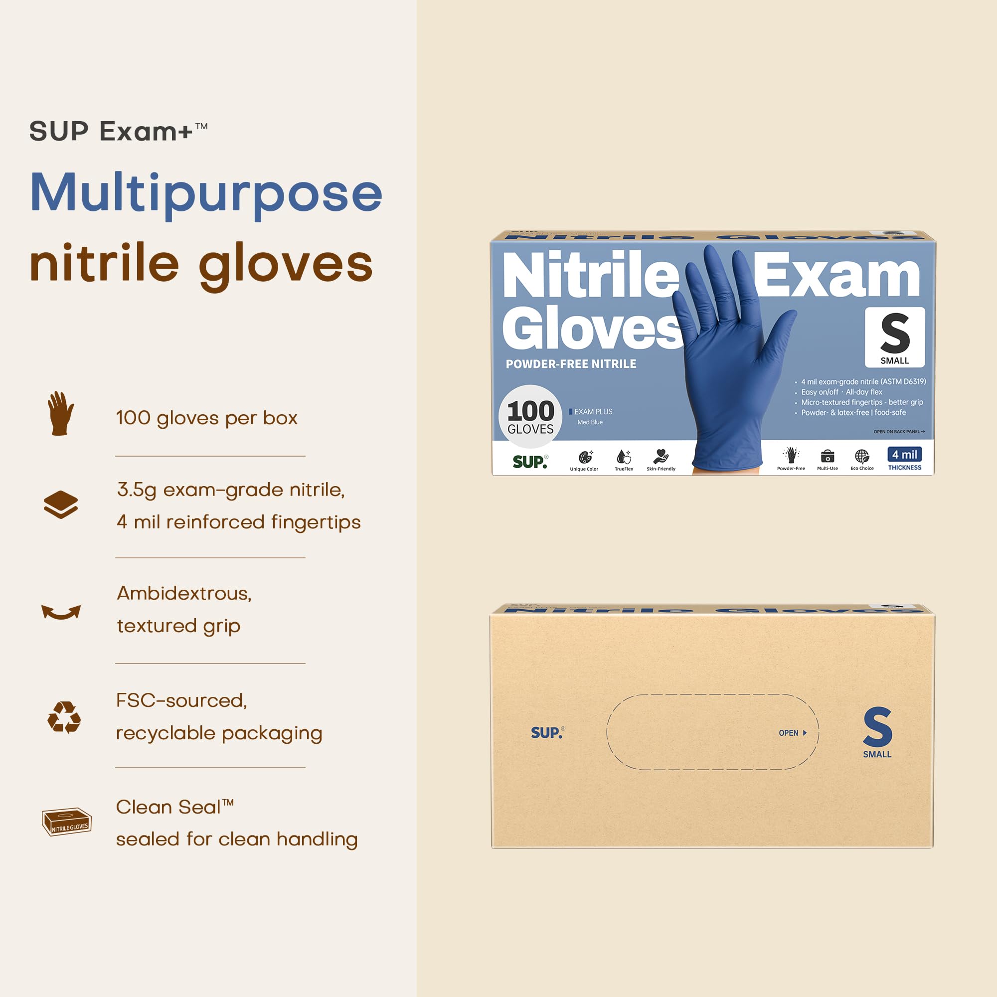 SUP exam-grade nitrile gloves offer reliable protection without latex or powder.