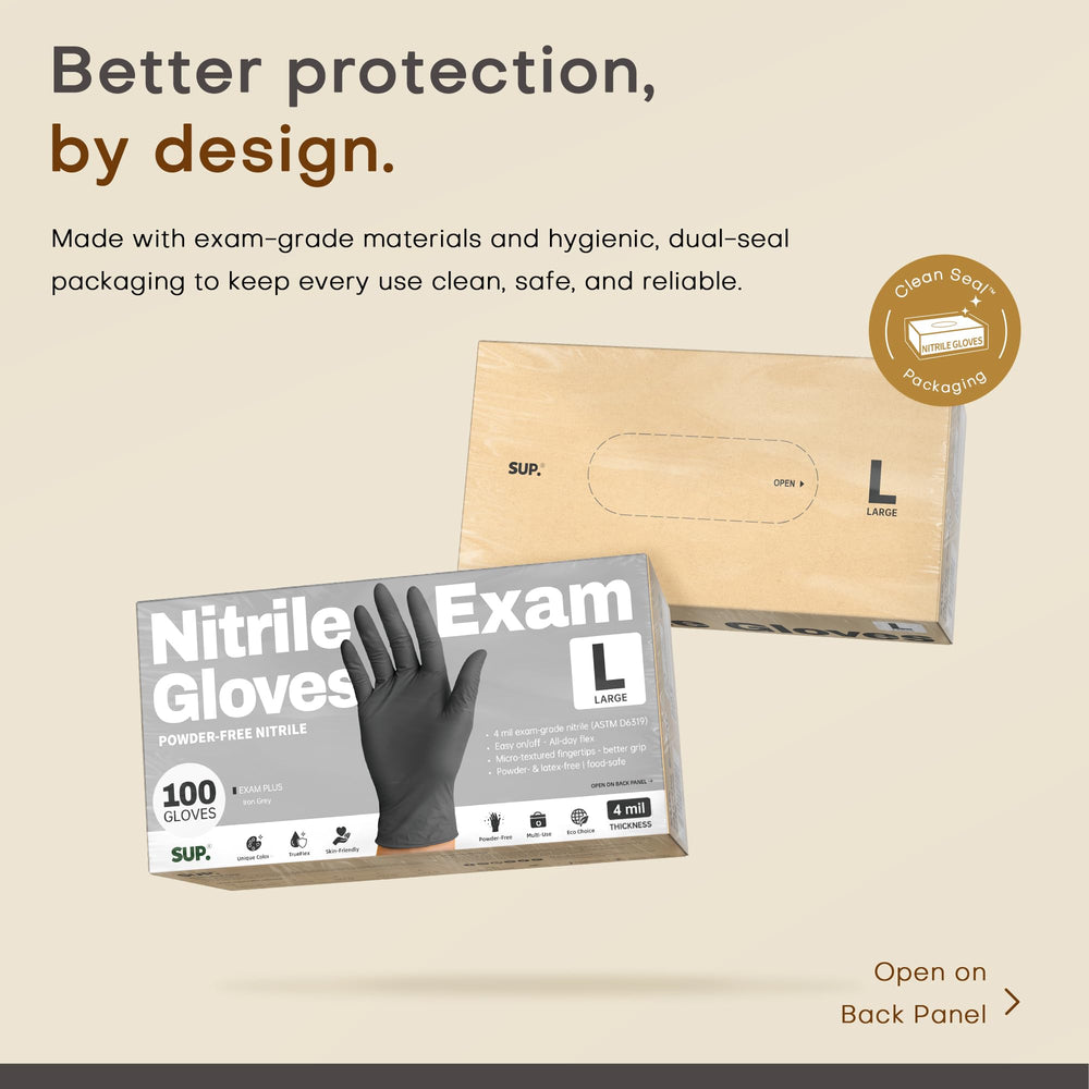 SUP gloves in top-load dispenser box simplify one-handed access.