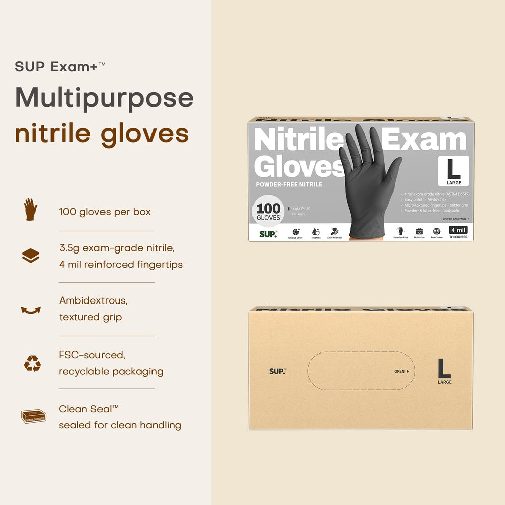 SUP touchscreen-compatible nitrile gloves let you use devices easily.