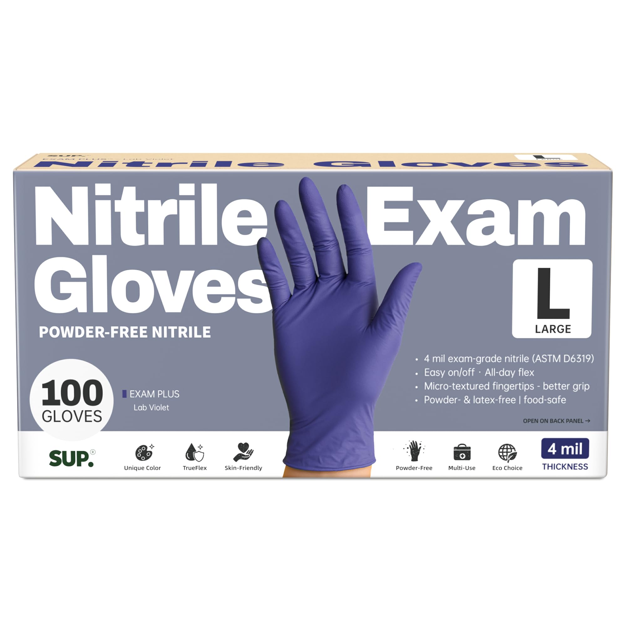 SUP powder-free nitrile exam gloves in a box for quick clinic access