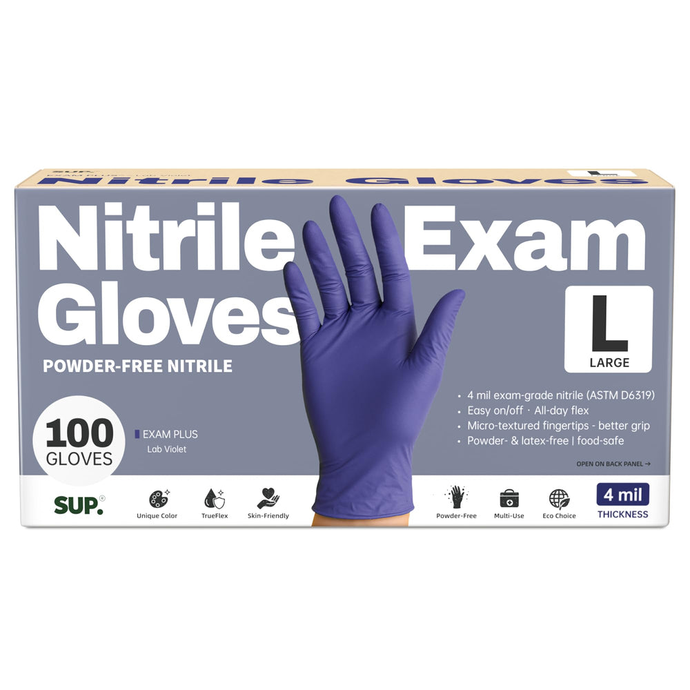 SUP powder-free nitrile exam gloves in a box for quick clinic access