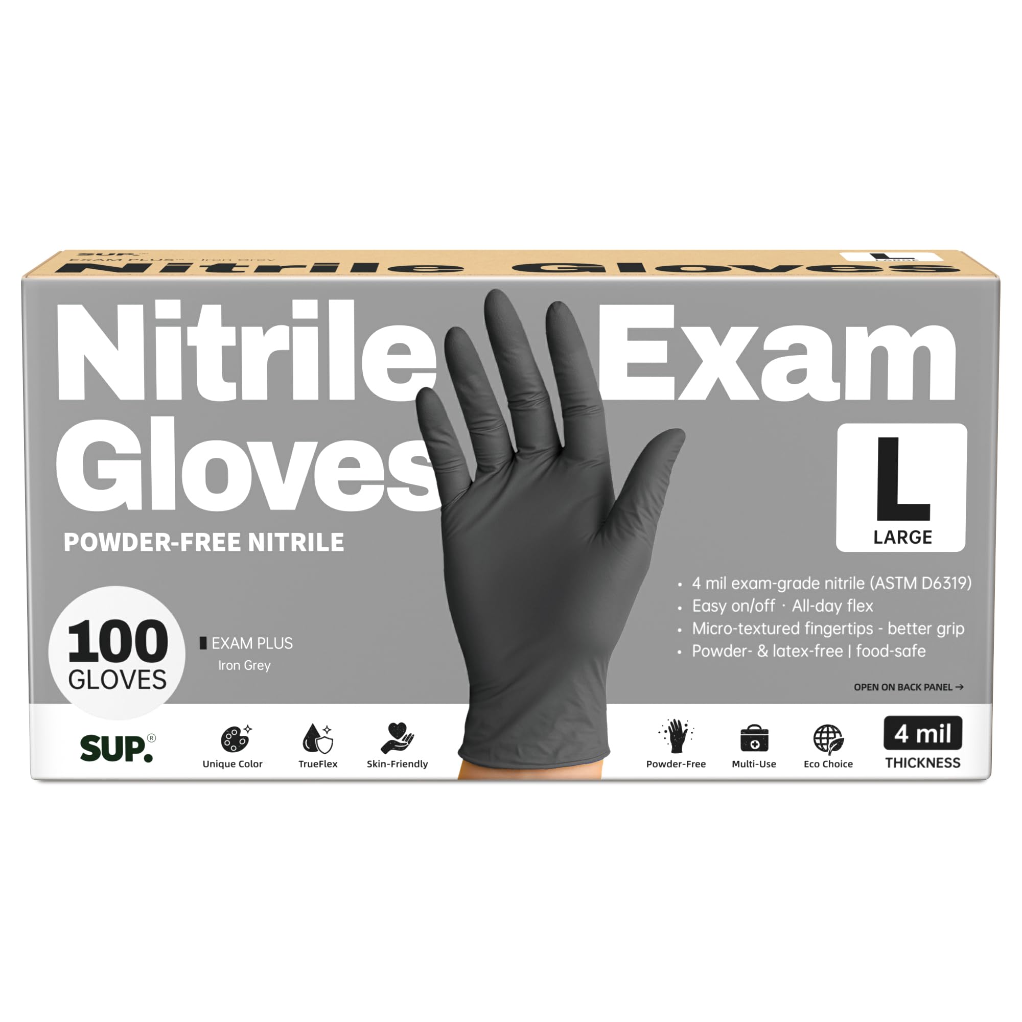 SUP Powder-Free Nitrile gloves in black box offer quick, hygienic access.