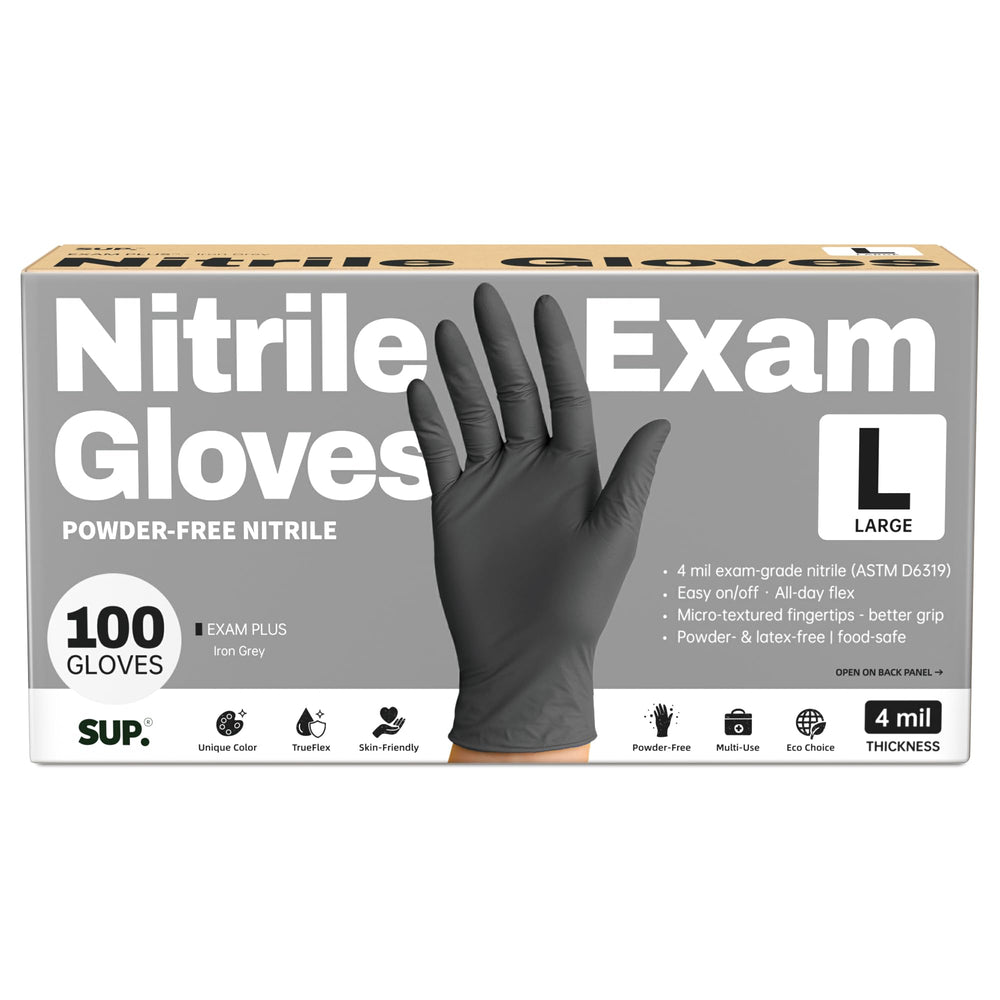 SUP Powder-Free Nitrile gloves in black box offer quick, hygienic access.