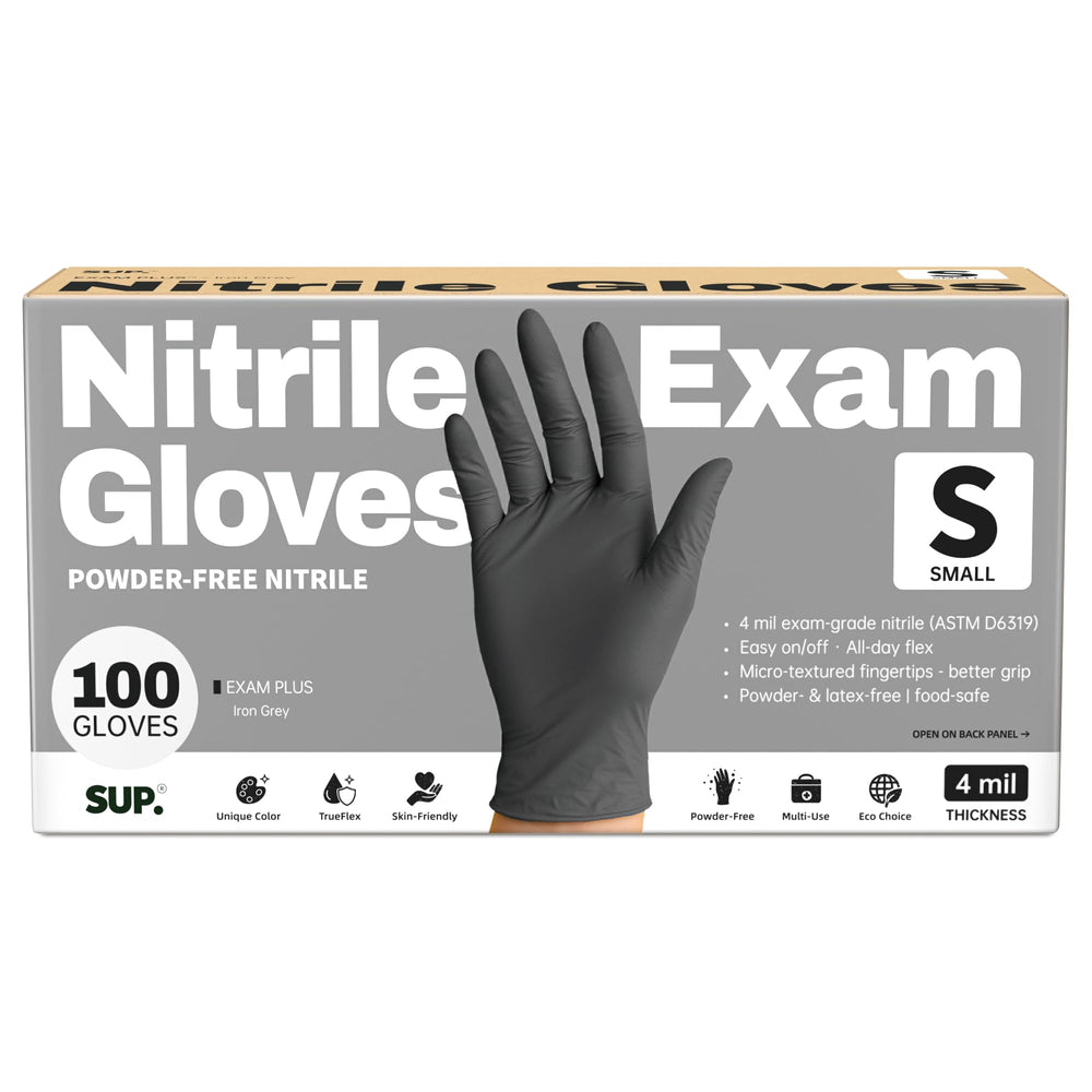 SUP powder-free nitrile gloves in a black small pack for quick, clean usage