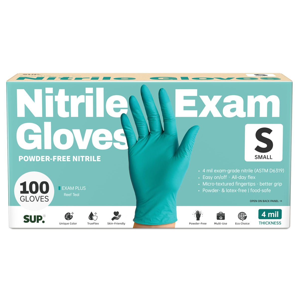 SUP powder-free nitrile gloves with 4mil protection for kitchen tasks.