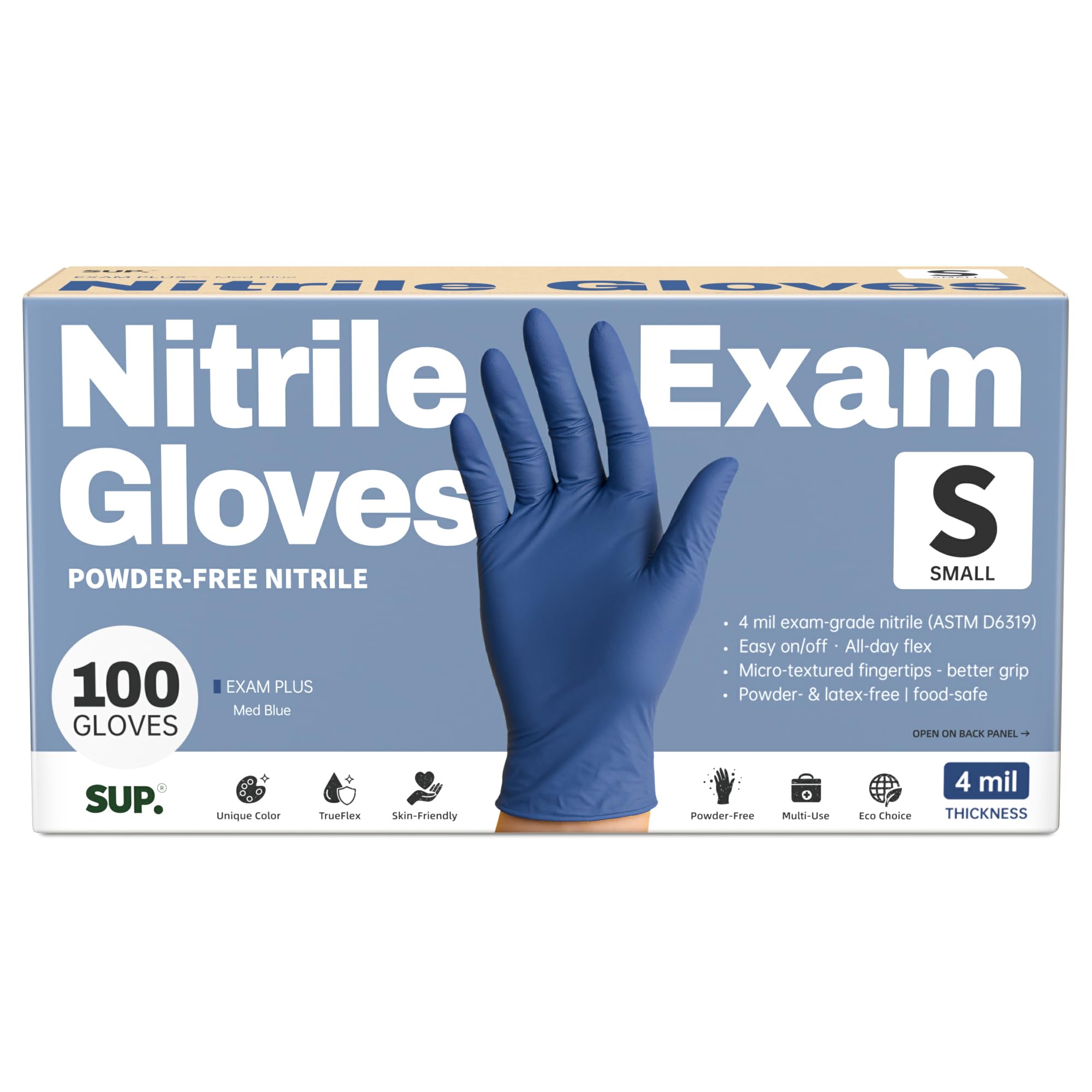 SUP powder-free nitrile gloves in blue pack small for precise handling.