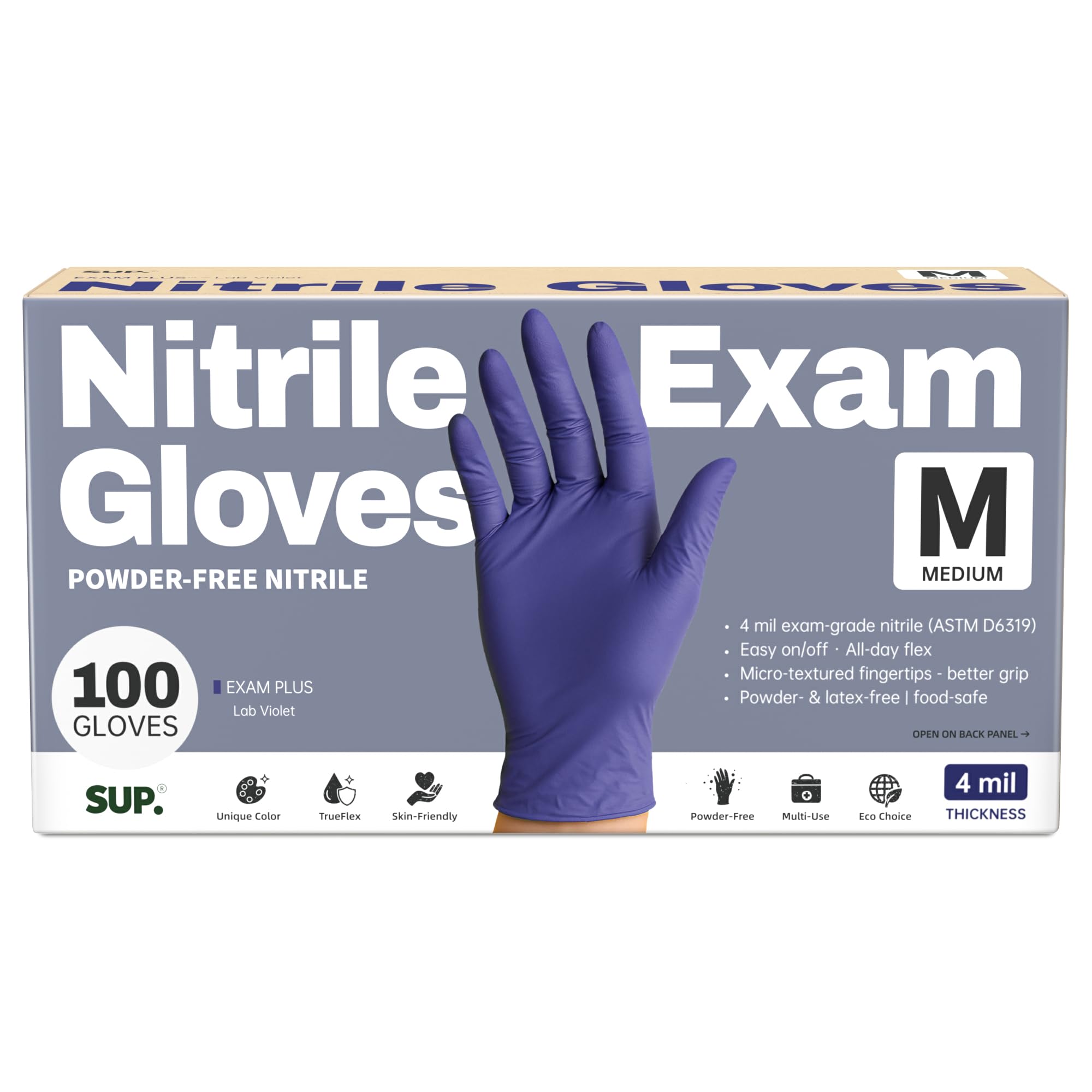SUP powder-free nitrile gloves in dispenser box for quick access.